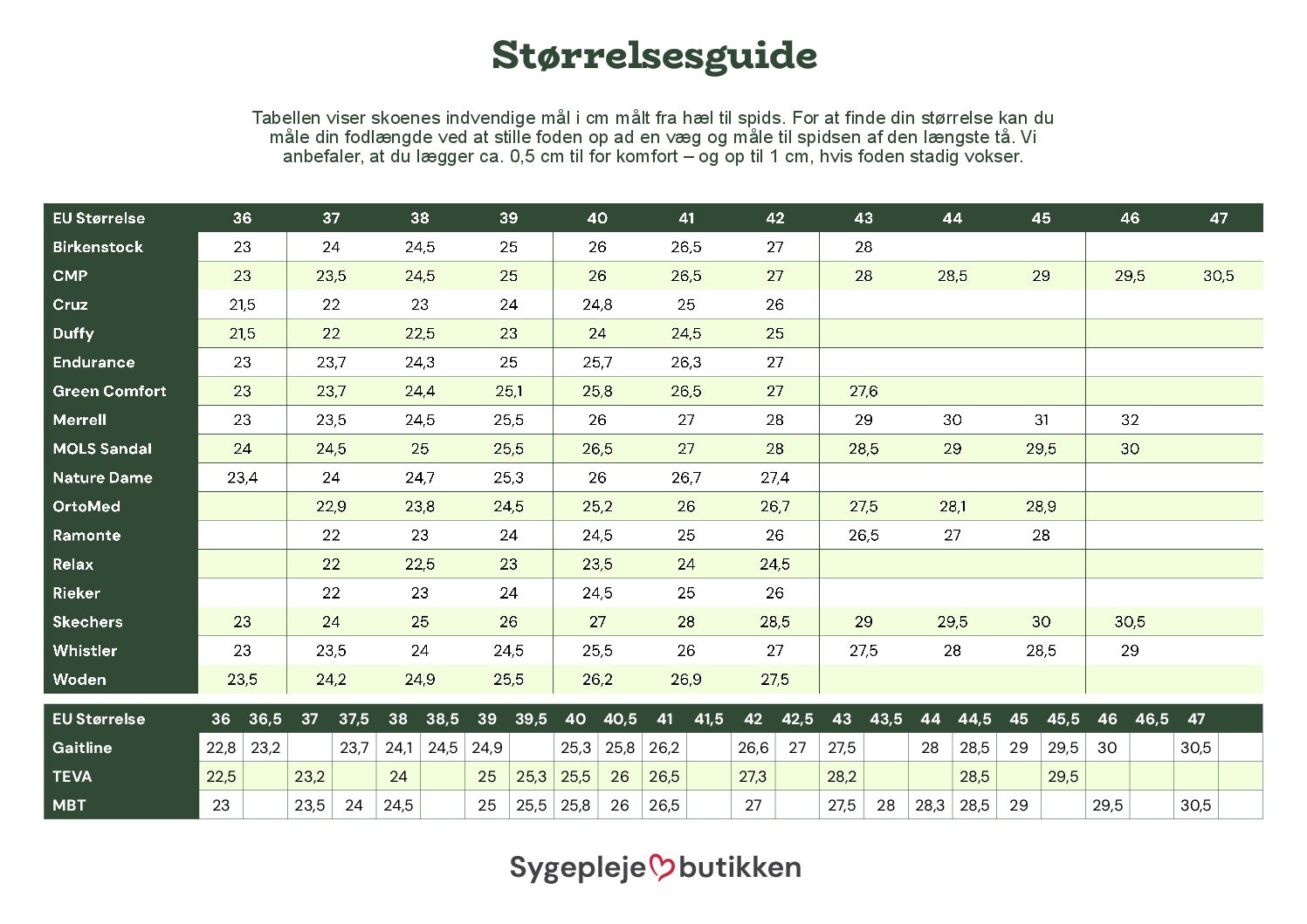 Woden størrelsesguide