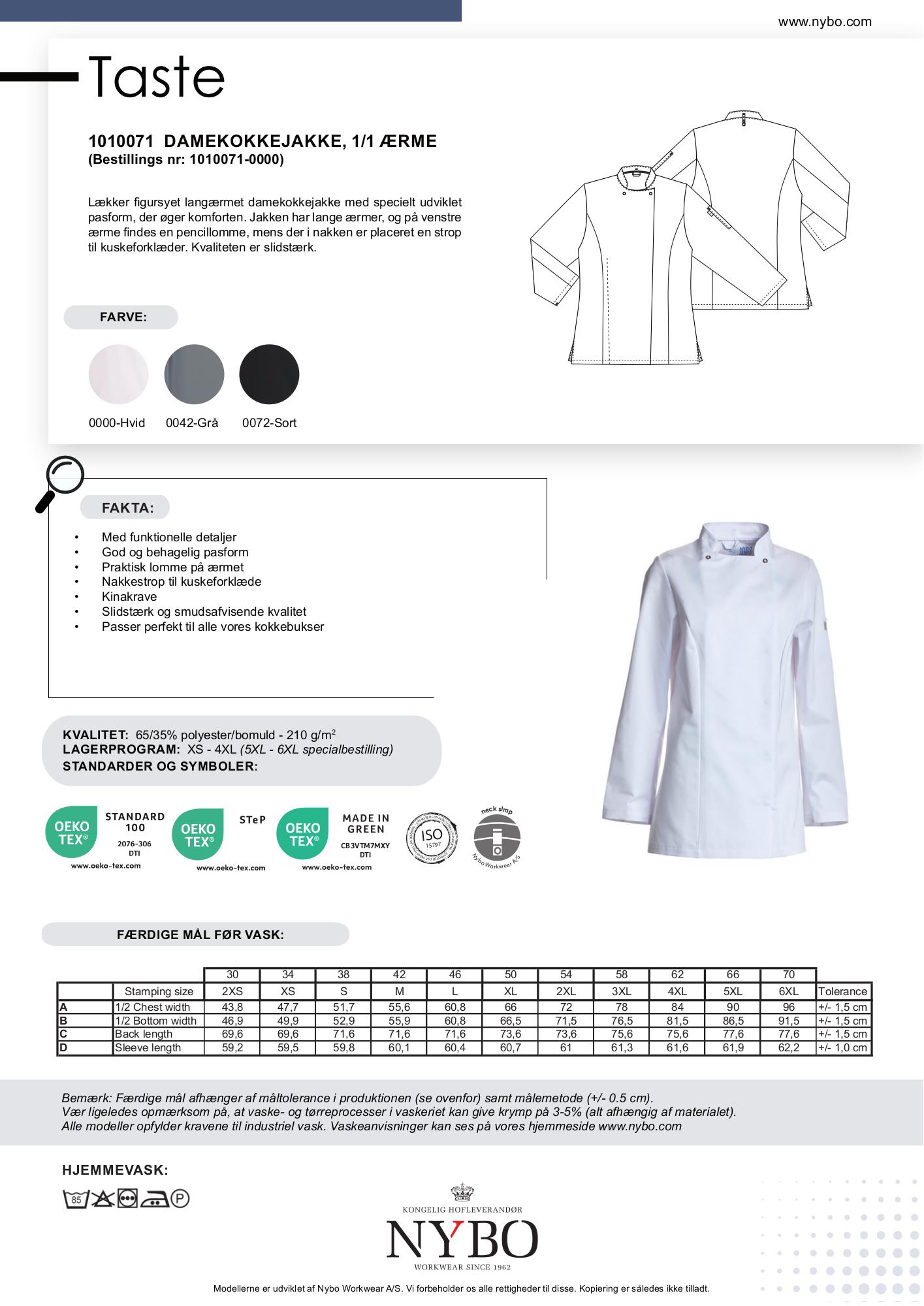 Nybo Hvid Damekokkejakke Taste, Langærmet, Komfort, Slidstærk