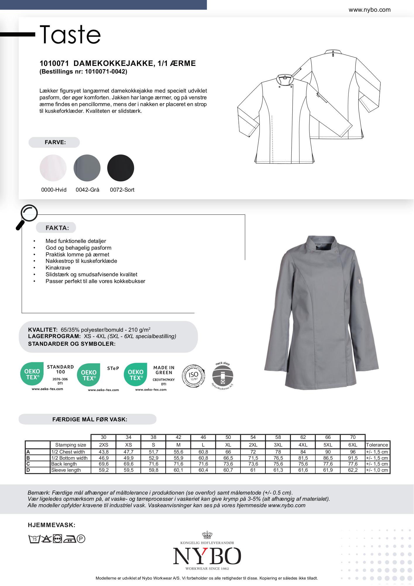 Nybo Grafit Dame Taste Kokkejakke, Langærmet, Slidstærk