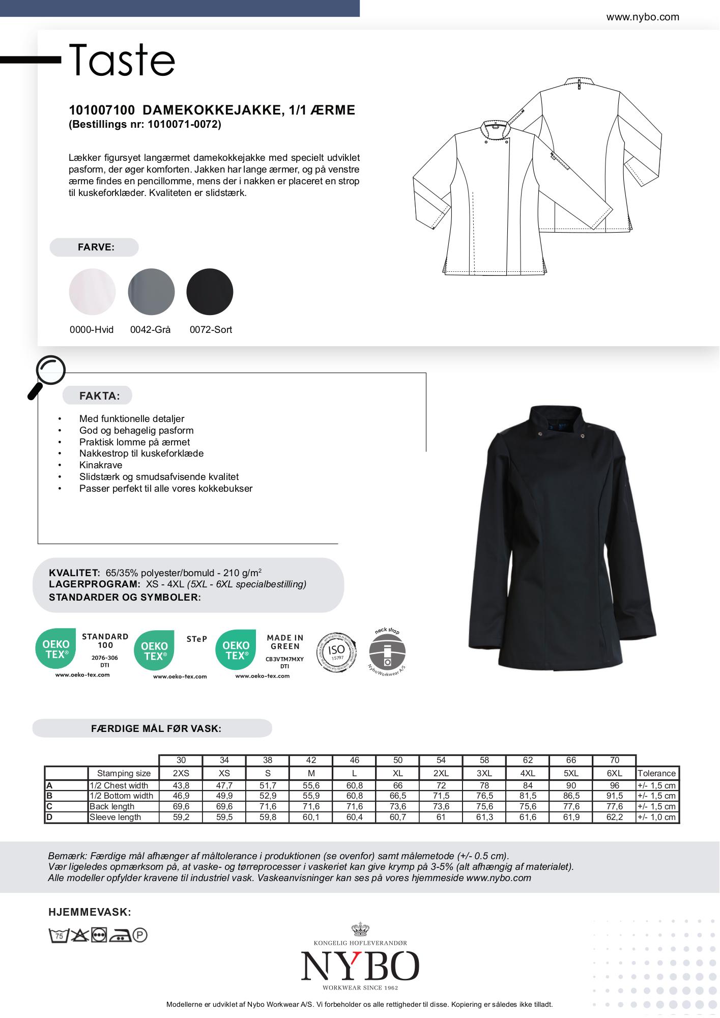Nybo Sort Dame Taste Kokkejakke, Langærmet, Slidstærk, Komfort