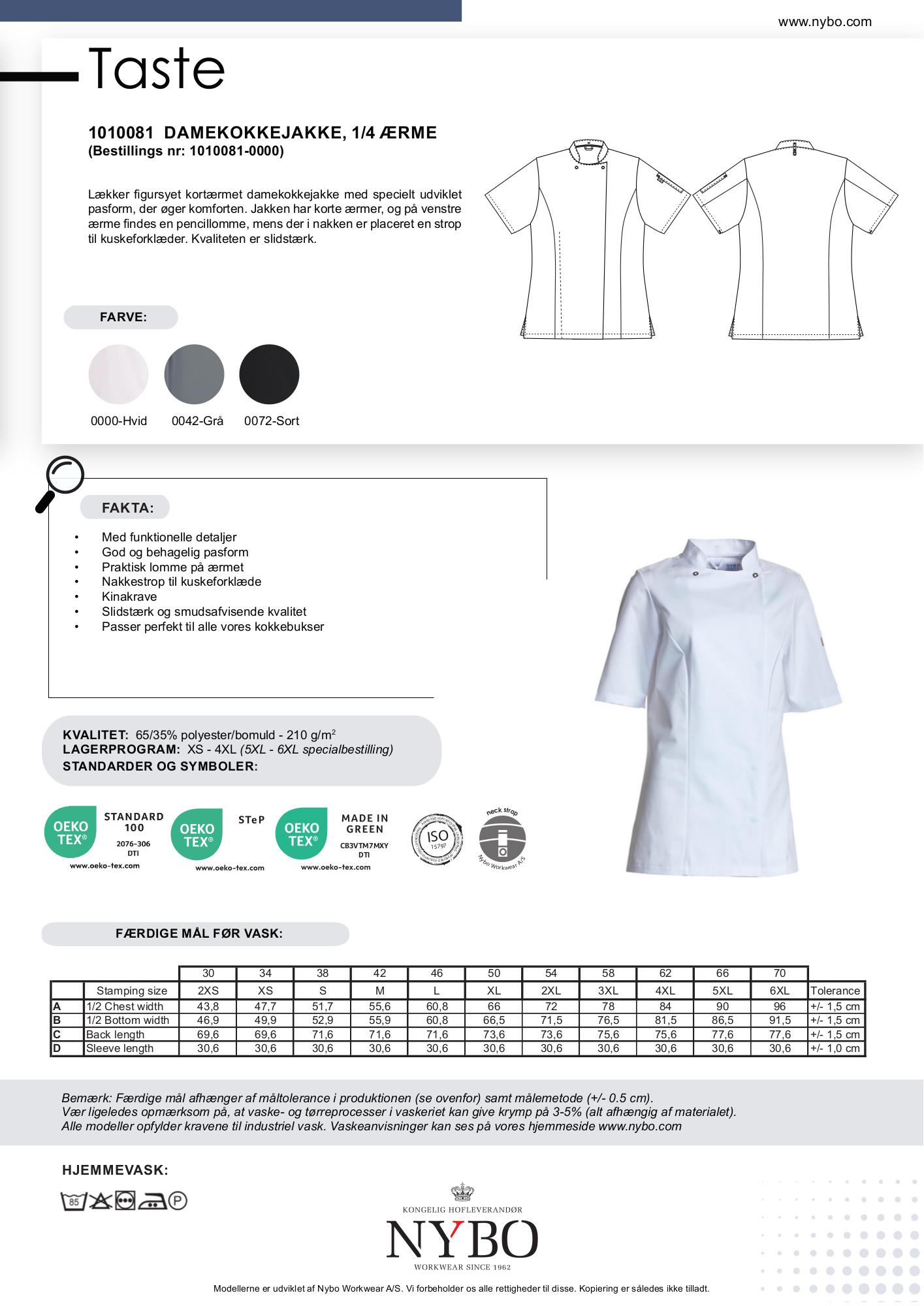 Nybo Hvid Dame Tastekokkejakke, Kortærmet, Figursyet, Slidstærk