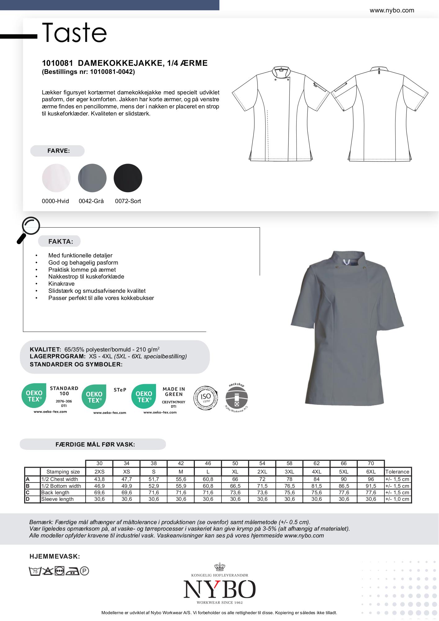 Nybo Grafit Dame Taste Kokkejakke, Kortærmet, Komfort