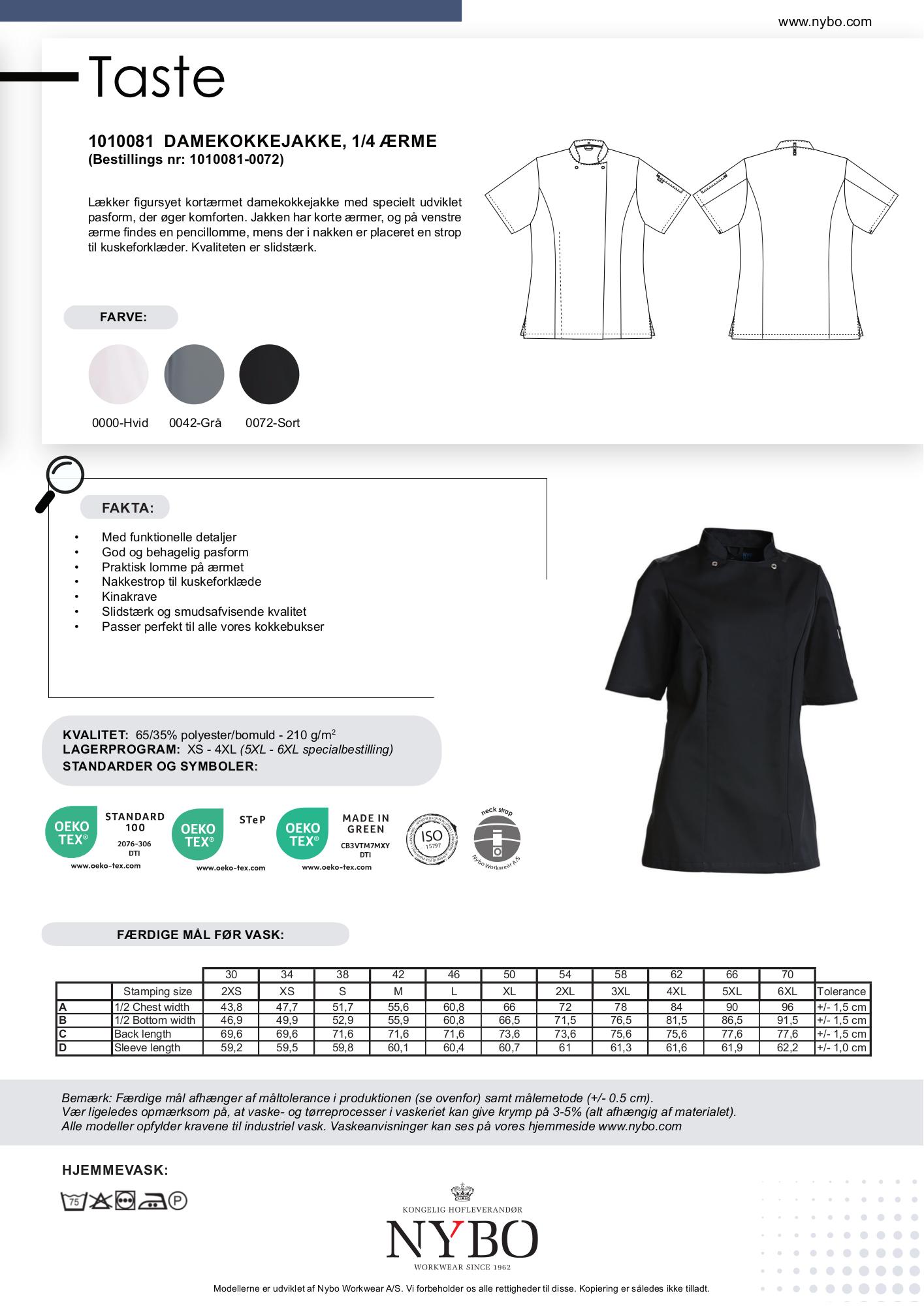 Nybo Sort Dame Taste Kokkejakke, Kortærmet, Slidstærk, Komfortabel