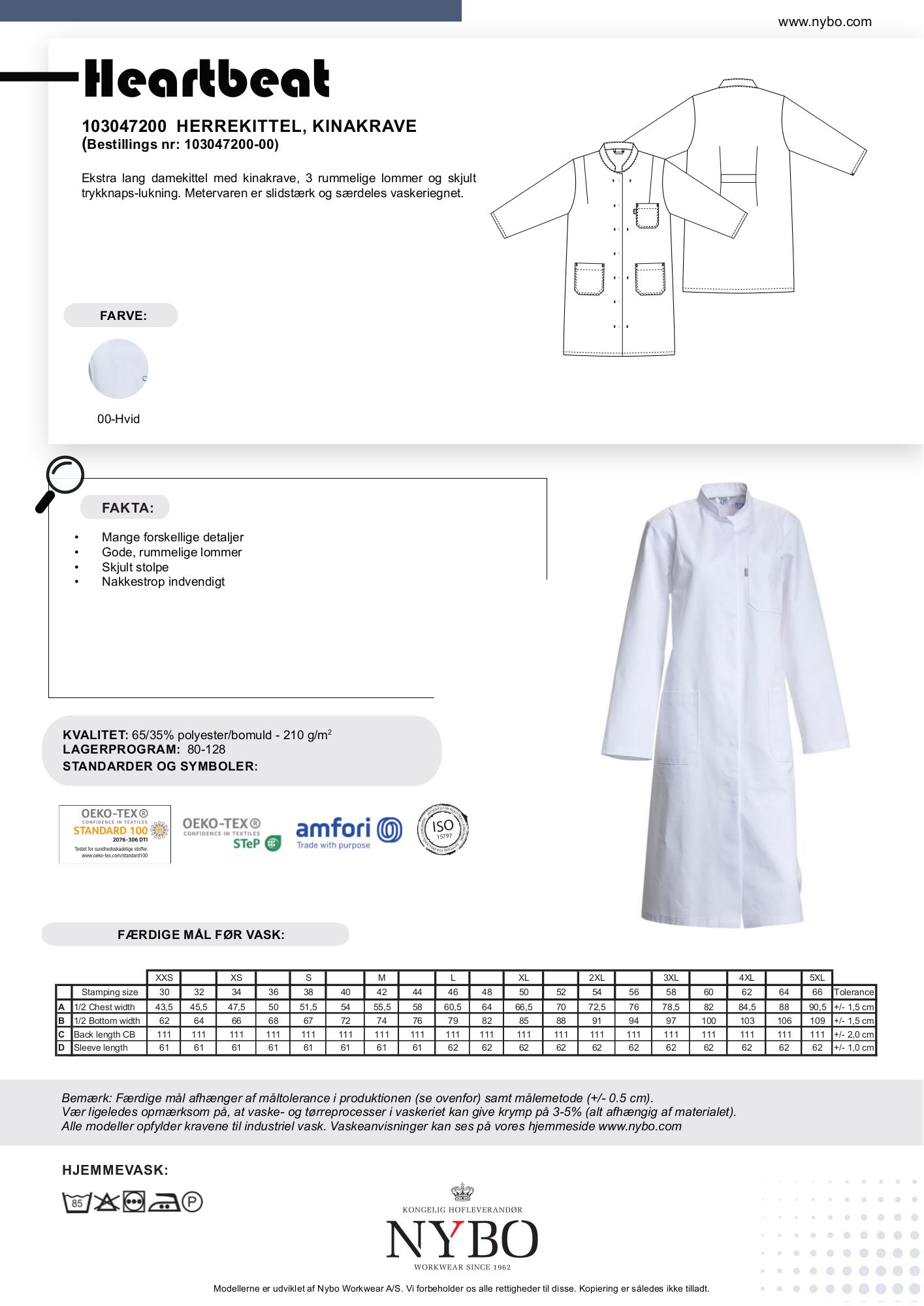 Nybo Hvid Dame Heartbeatkittel, Ekstra Lang, Kinakrave, Slidstærk