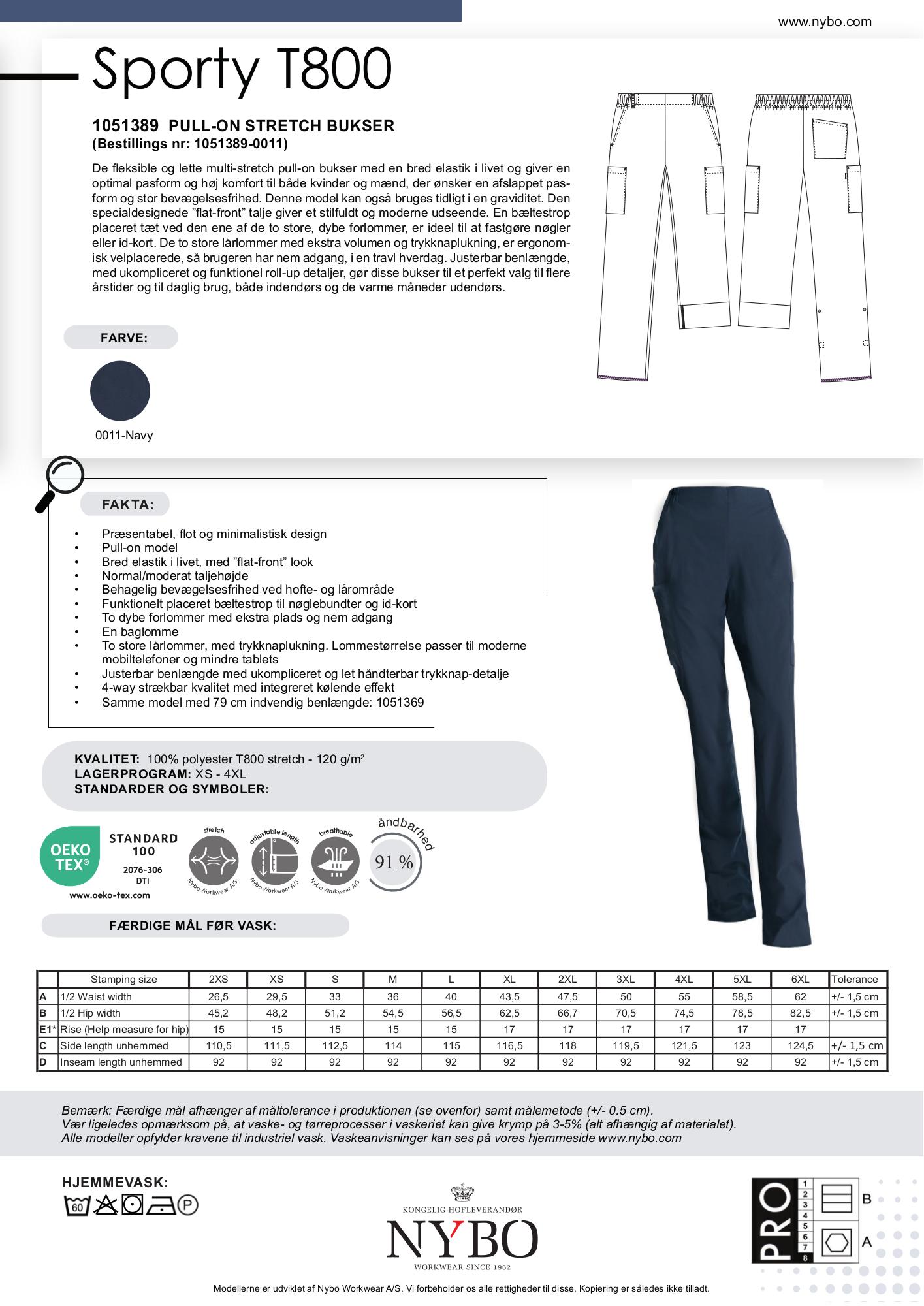 Nybo Sporty T800 unisex bukser i navy – let multi-stretch, elastisk talje & justerbar benlængde