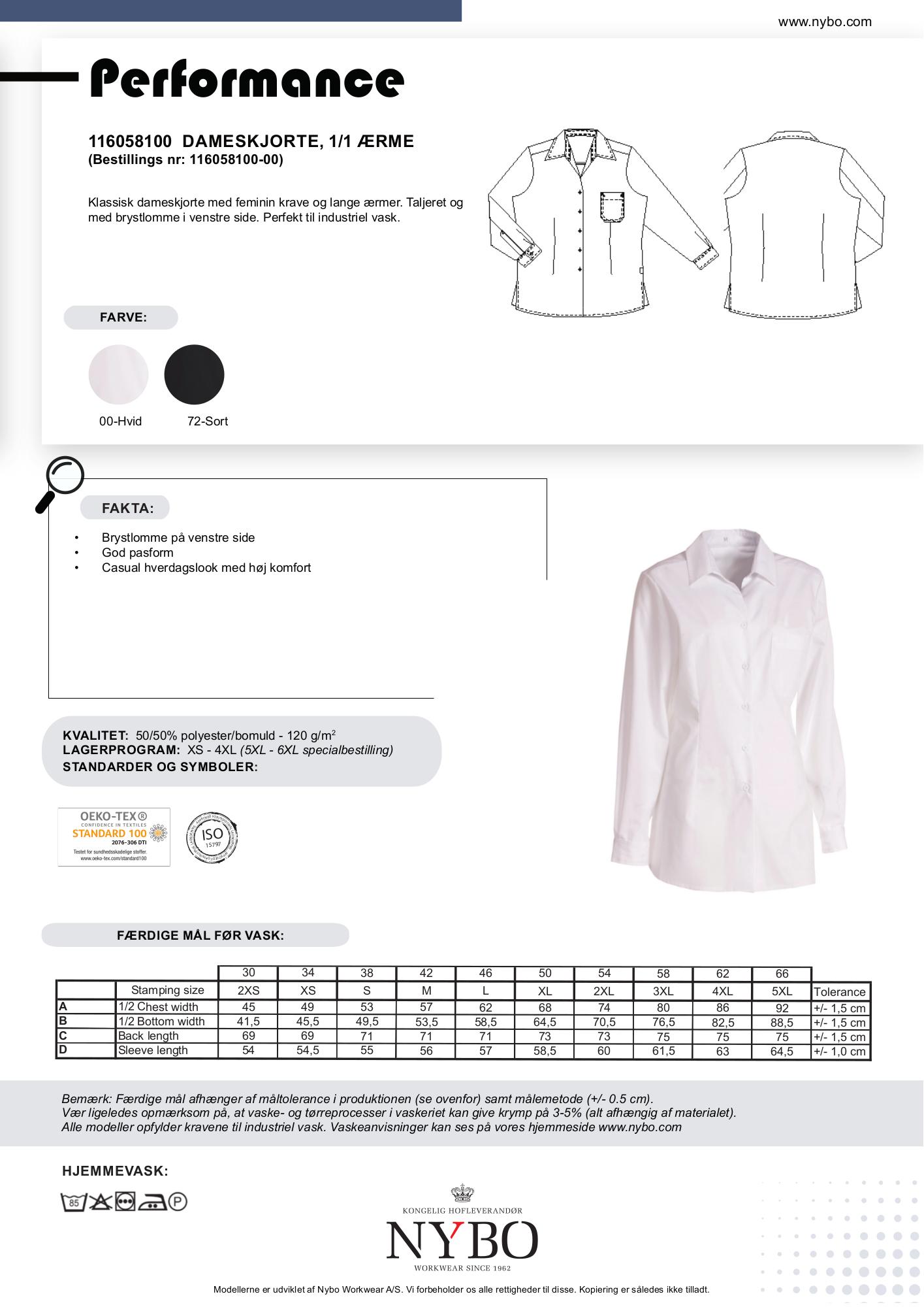 Nybo Hvid Dameskjorte Performance Lange Ærmer, Taljeret, Industrivask