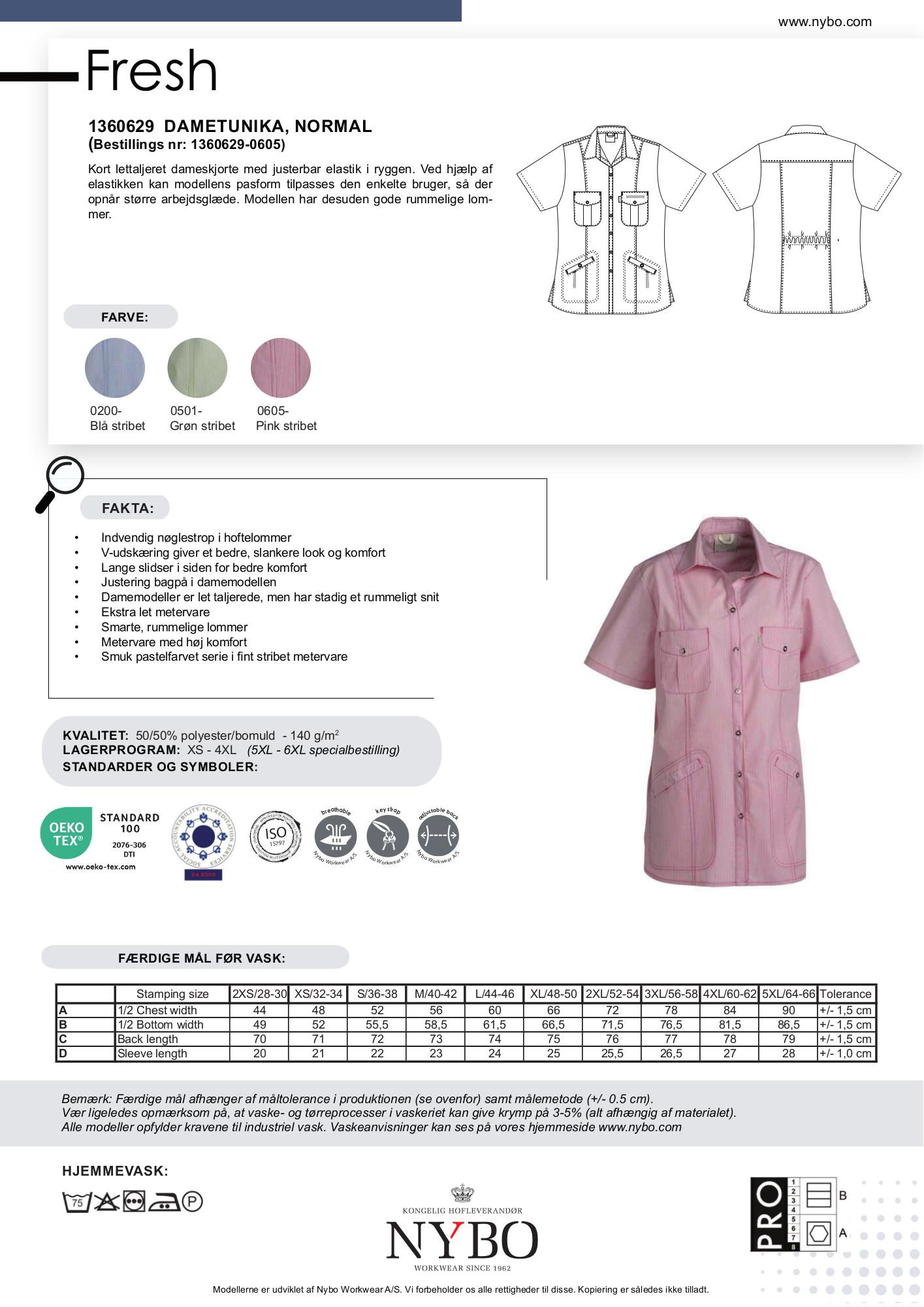 Nybo Pink Stribet Dametunika Fresh Kortærmet, Justerbar Elastik, Rummelige Lommer