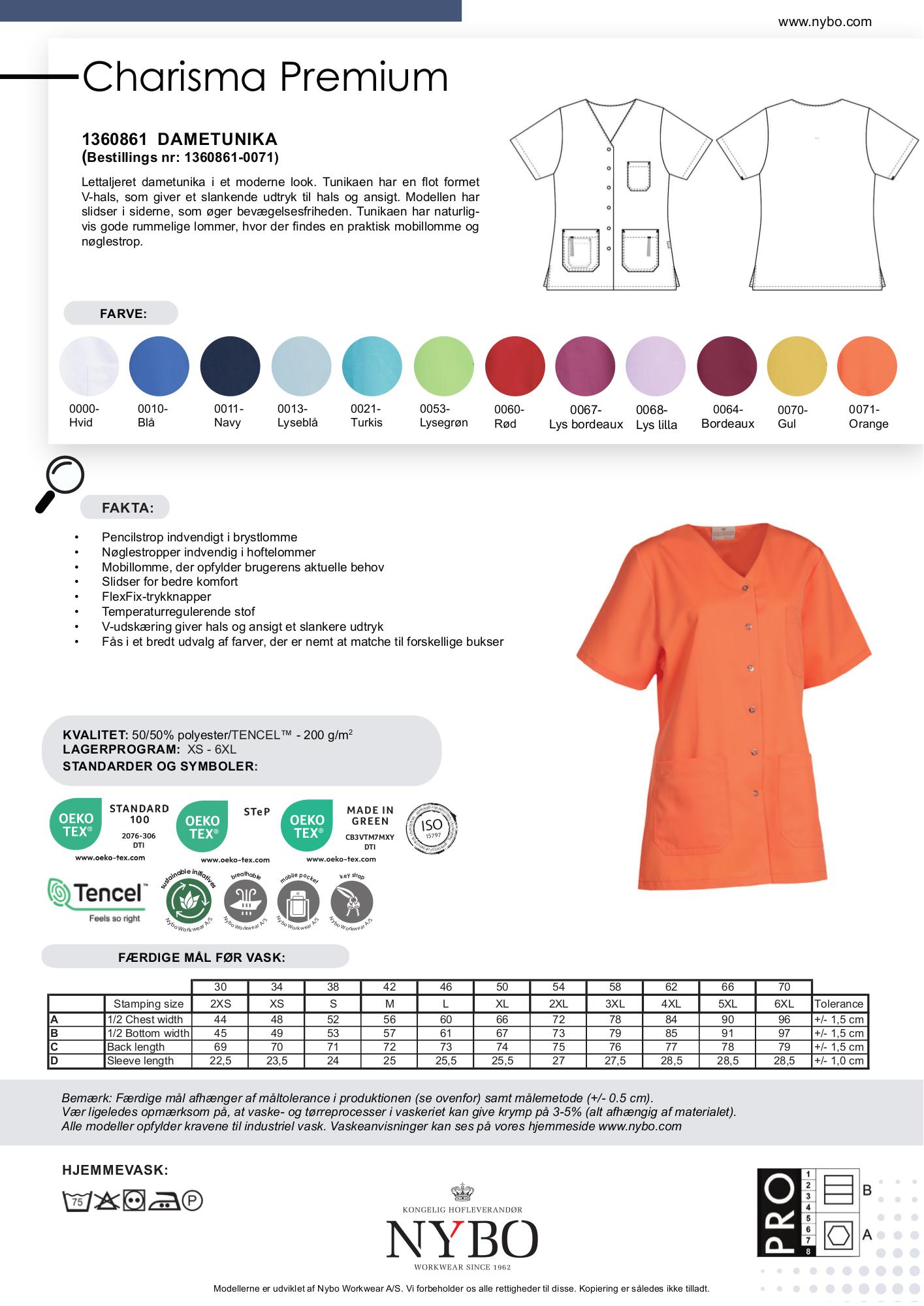 Nybo Orange Dametunika Charisma Premium, Kortærmet, Temperaturregulerende, Slidser