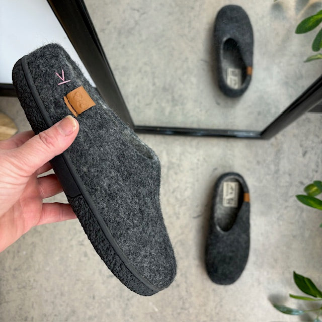 Lav mørk grå hjemmesko i uld med skridhæmmende såler fra Green Comfort