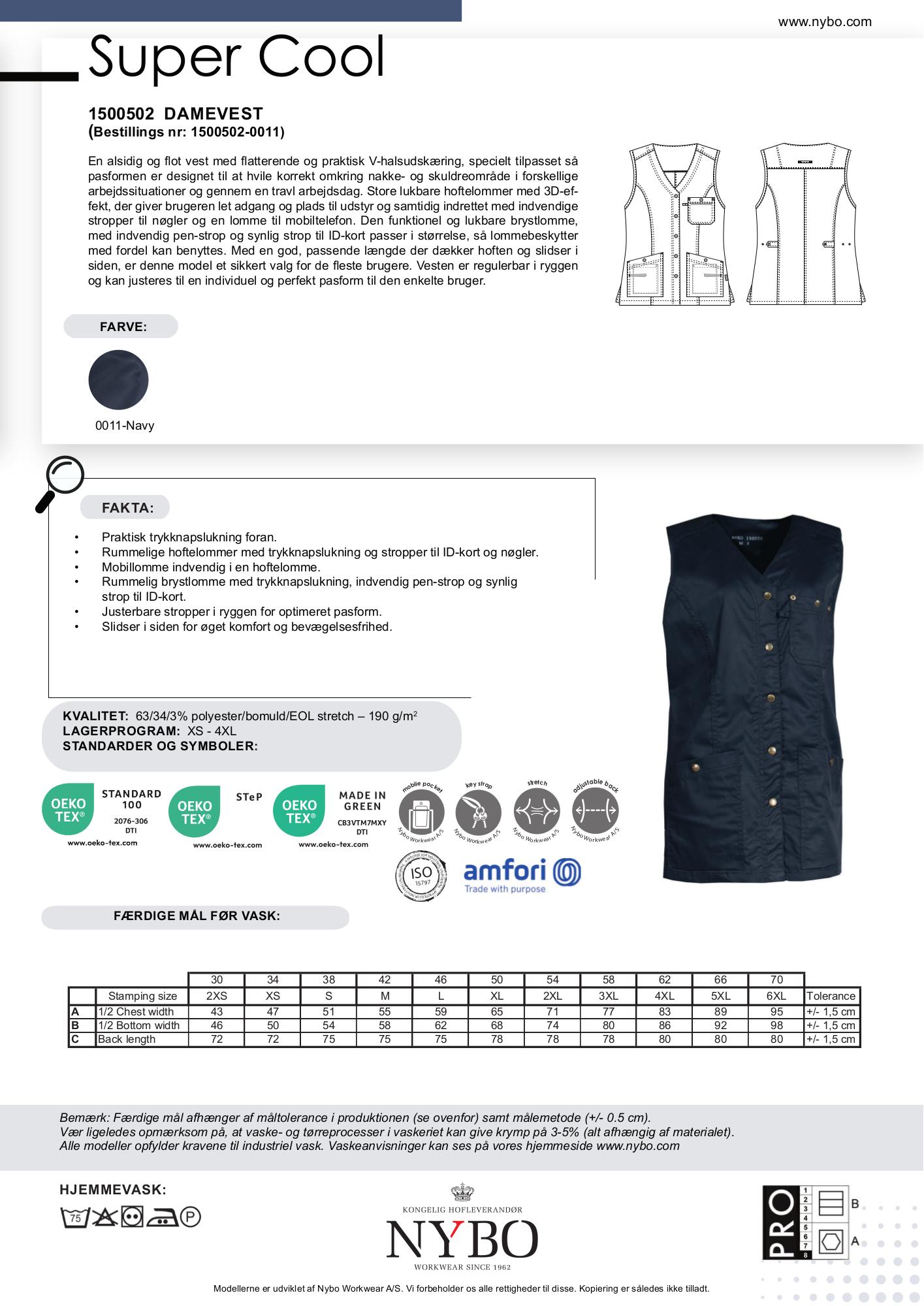 Nybo Navy Dame Super Cool Vest, Lang, Justerbar, Slidstærk