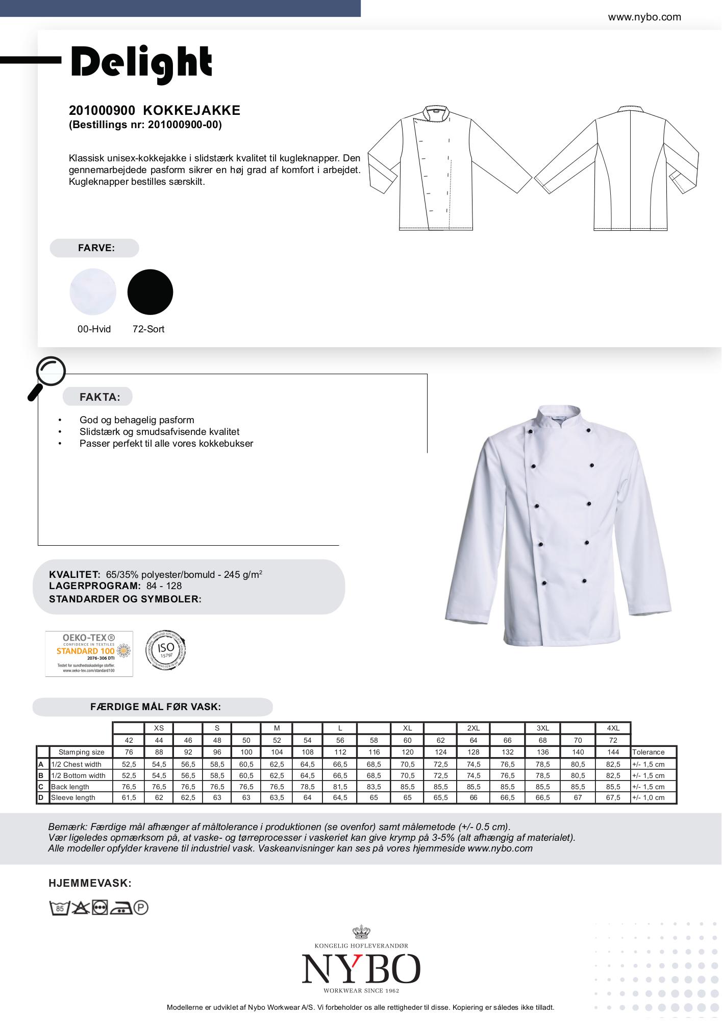 Nybo Delight unisex kokkejakke i hvid – klassisk pasform, slidstærk kvalitet & justerbare manchetærmer