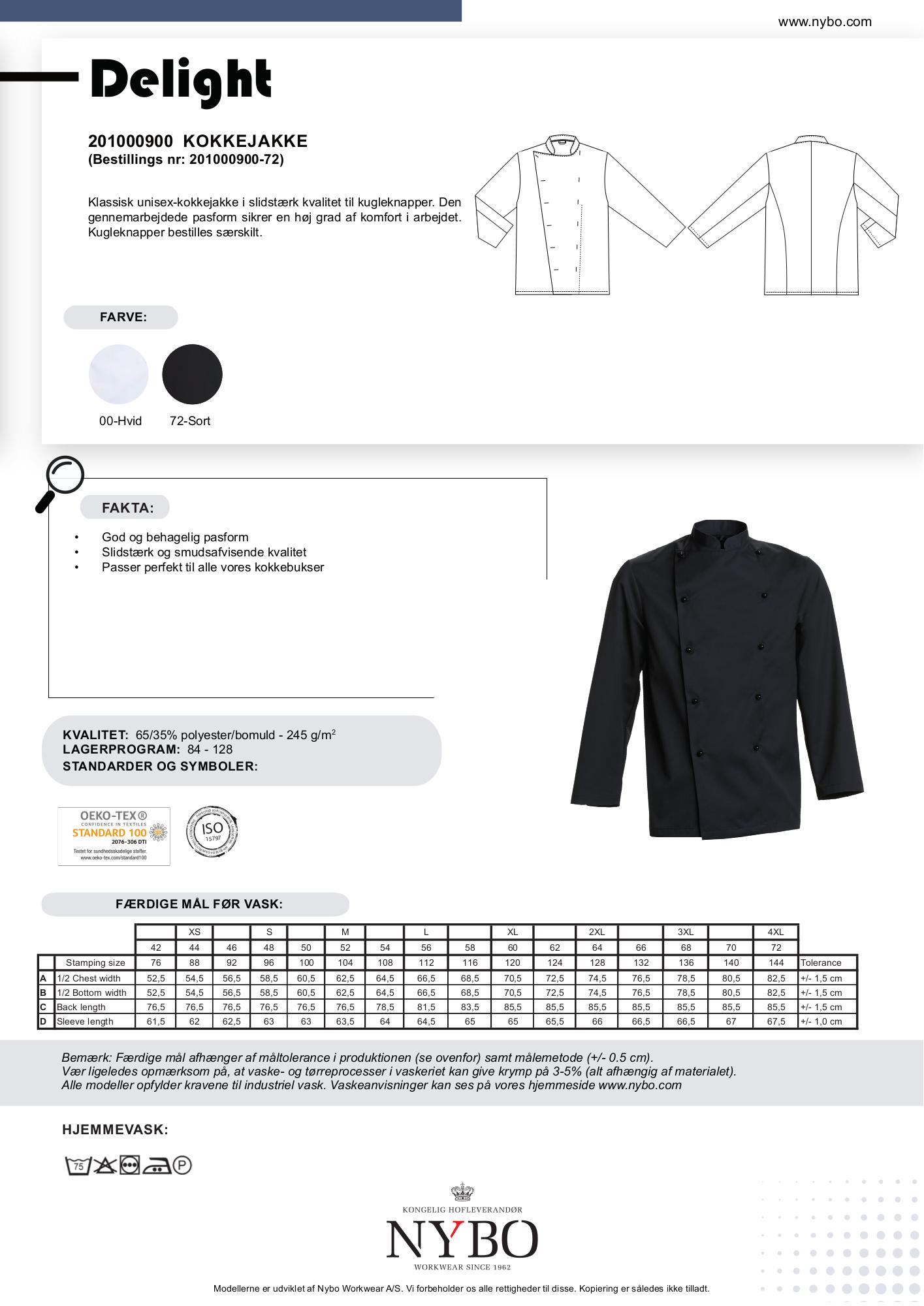 Nybo Delight unisex kokkejakke i sort – klassisk pasform, slidstærkt materiale & justerbare manchetærmer