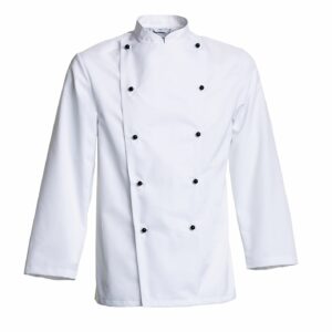Nybo Delight unisex kokkejakke i hvid – klassisk pasform, slidstærk kvalitet & justerbare manchetærmer