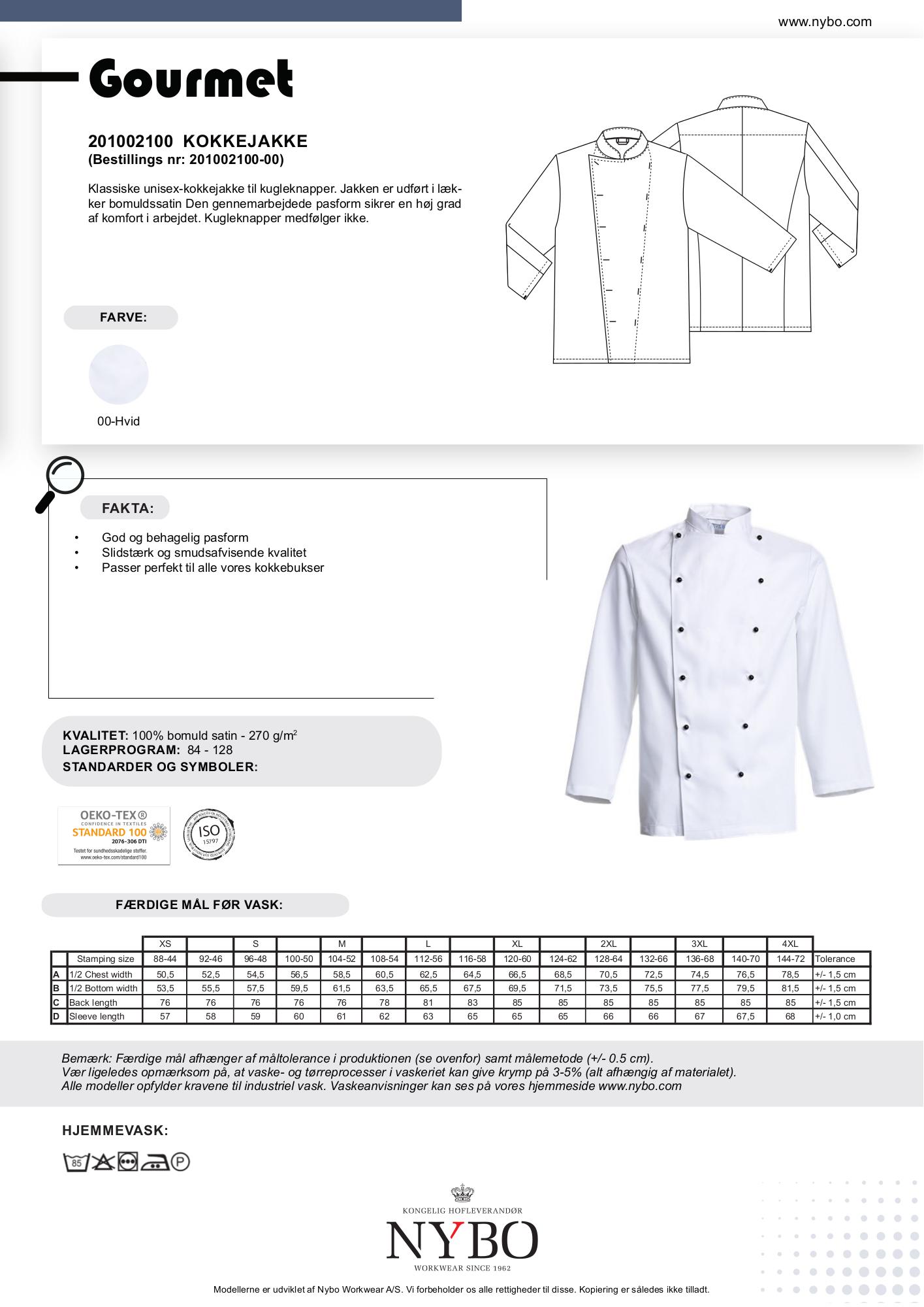 Nybo Hvid Unisex Gourmet Kokkejakke, Komfort, Bomuldssatin