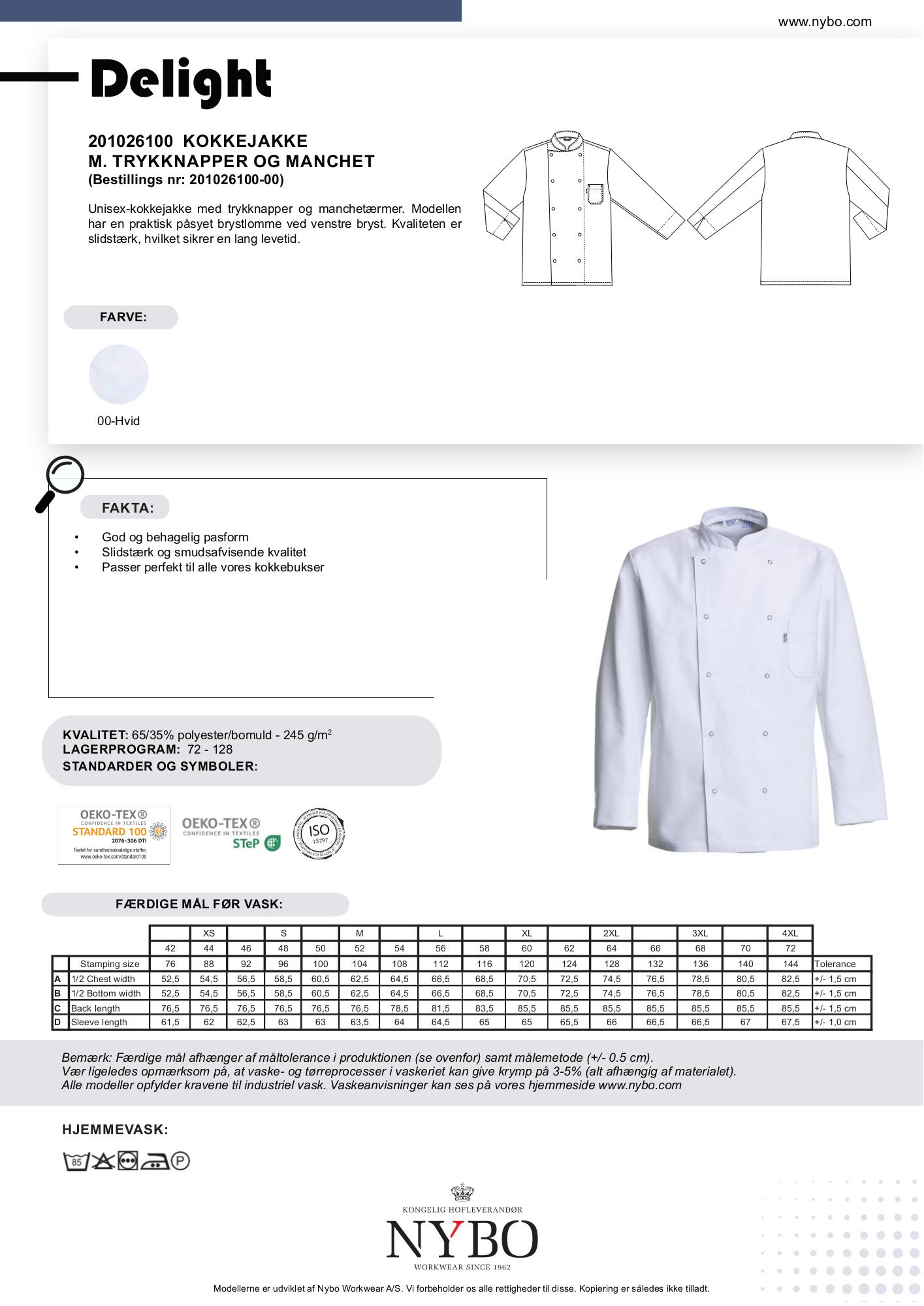 Nybo Hvid Unisex Delight Kokkejakke, Trykknap, Slidstærk