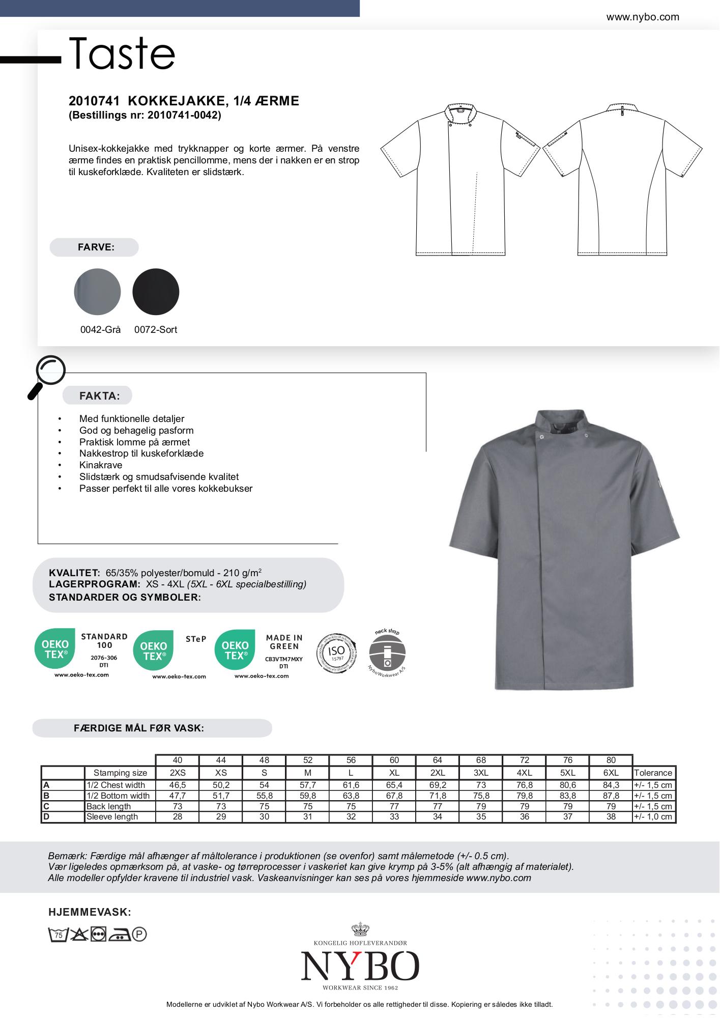 Nybo Grafit Unisex Taste Kokkejakke, Kortærmet, Slidstærk