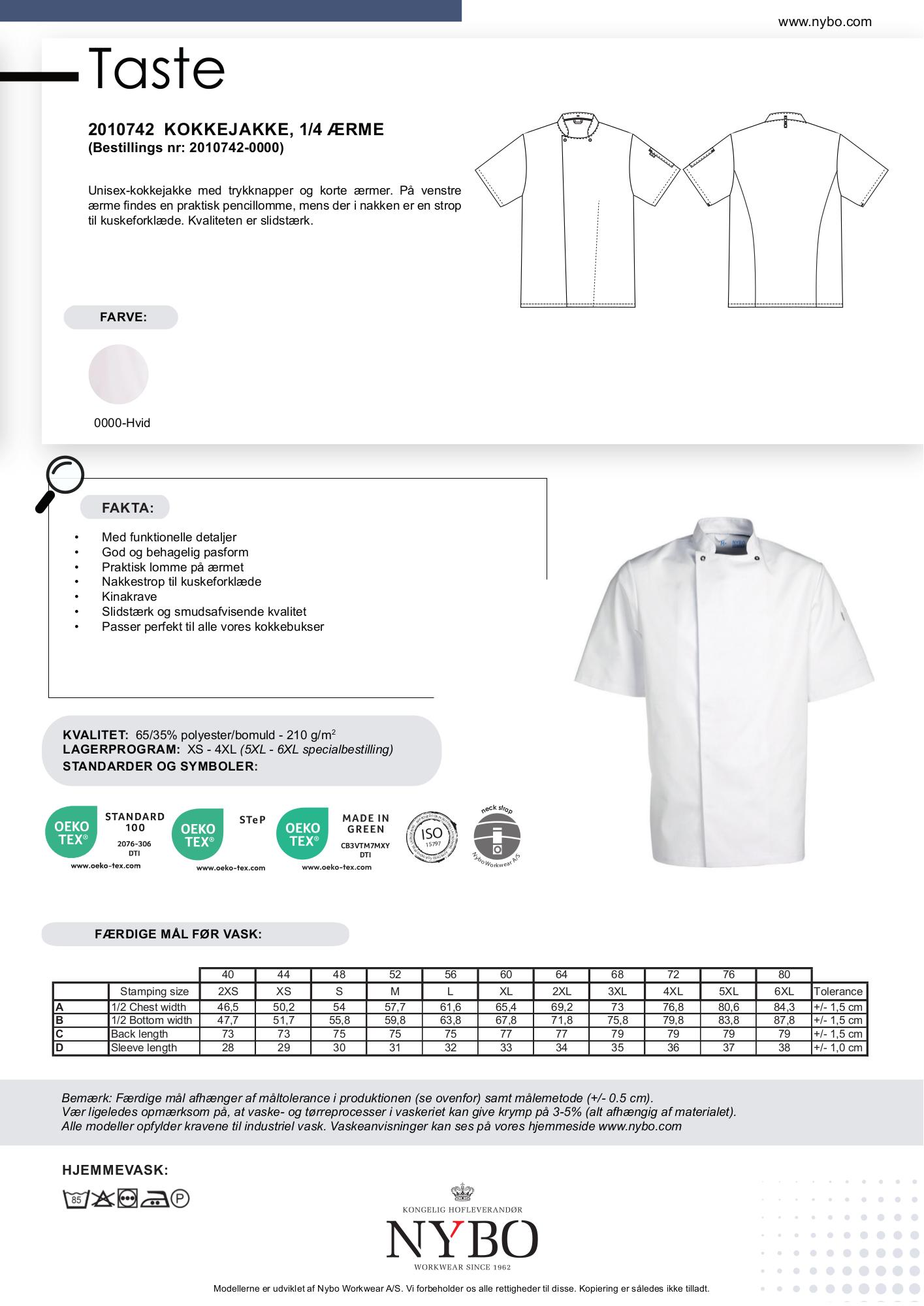 Nybo Hvid Unisex Taste Kokkejakke, Kortærmet, Slidstærk, Smudsafvisende