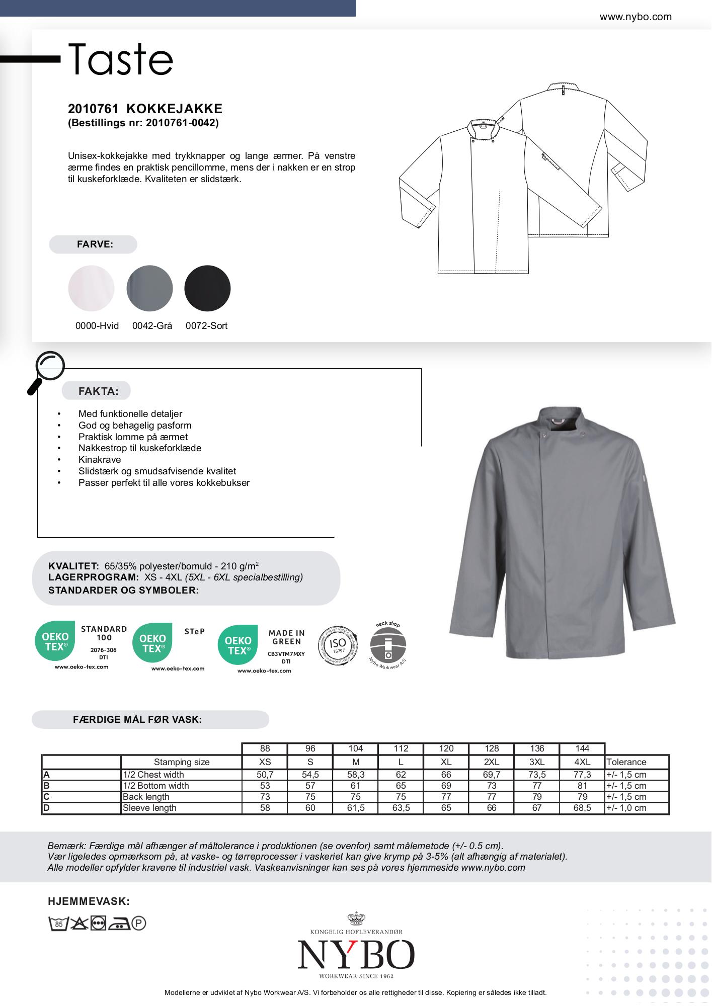Nybo Grafit Unisex Taste Kokkejakke, Langærmet, Slidstærk, Smudsafvisende