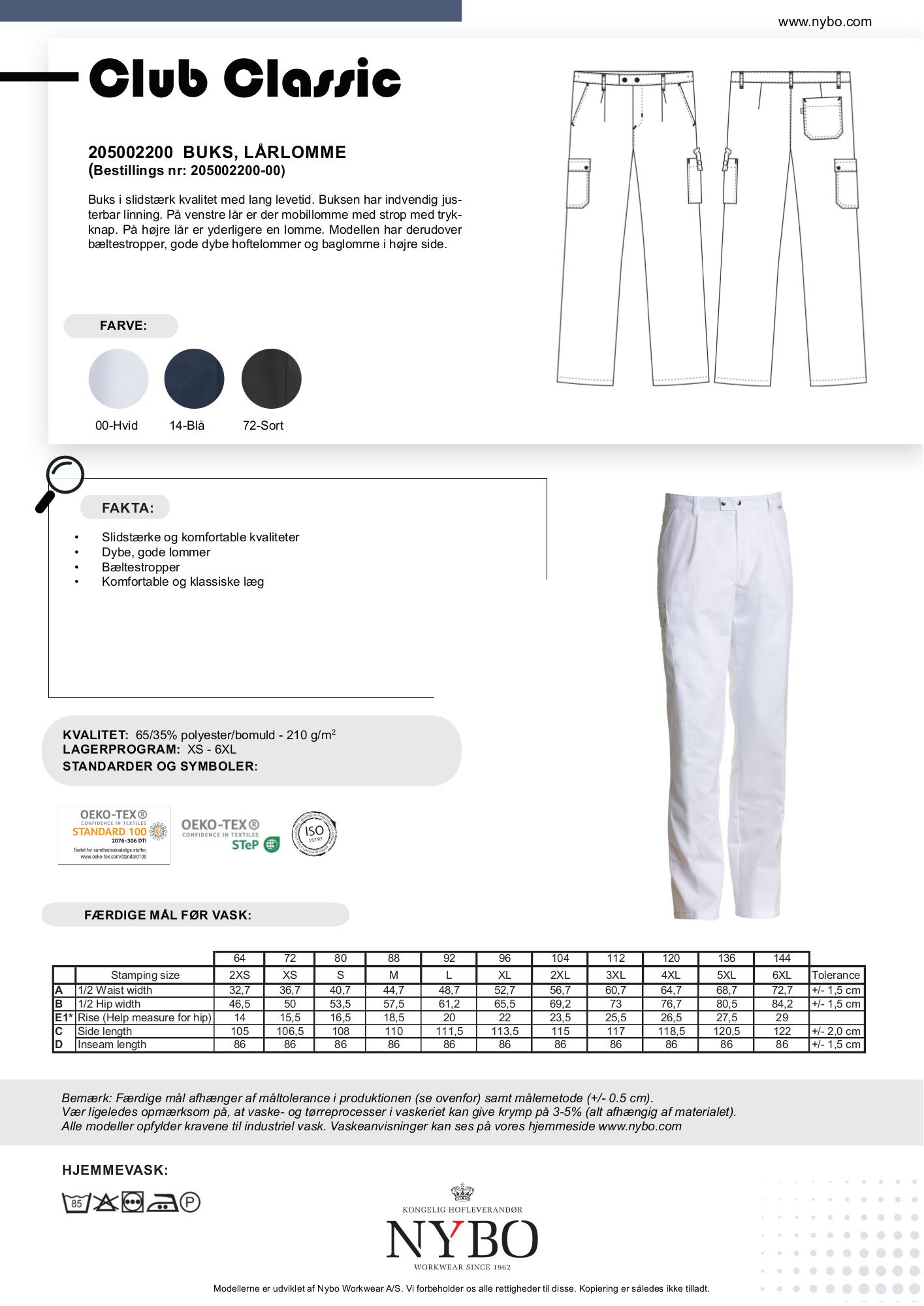 Nybo Hvide Herrebukser Club-Classic, Slidstærk, Lårlomme, Klap