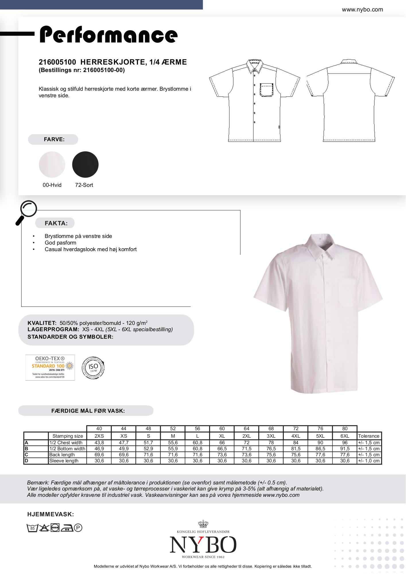 Nybo Hvid Herreskjorte Performance Kortærmet, Industriel Vask