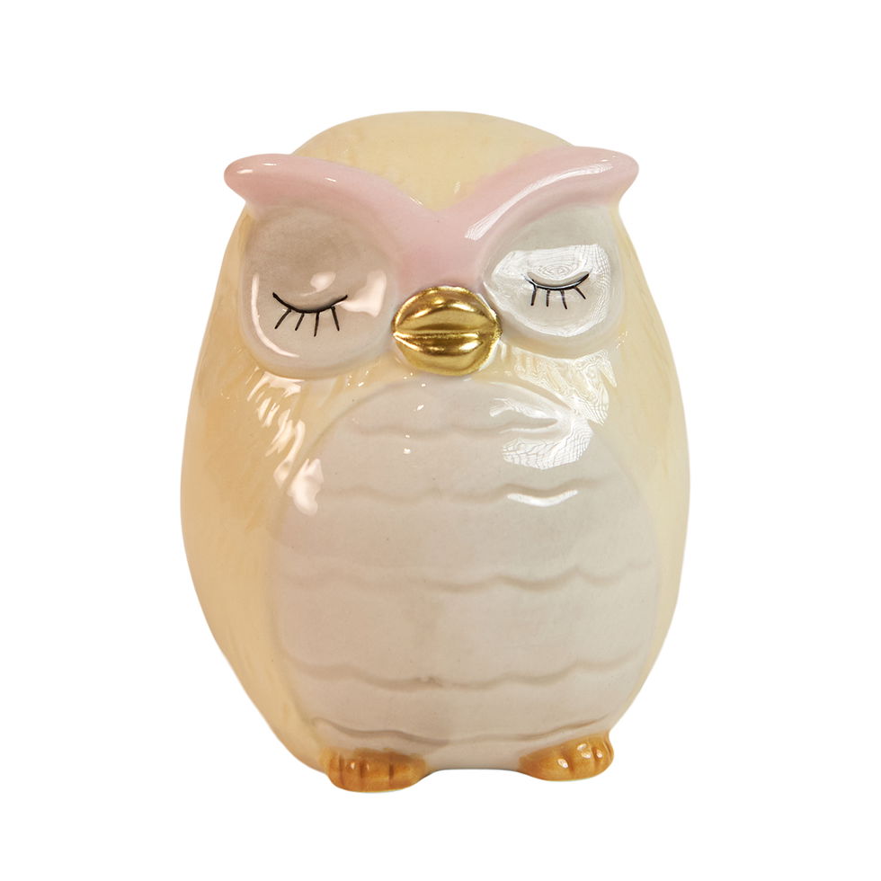Håndmalet ugle i keramik – Smukt design i gul og rosa