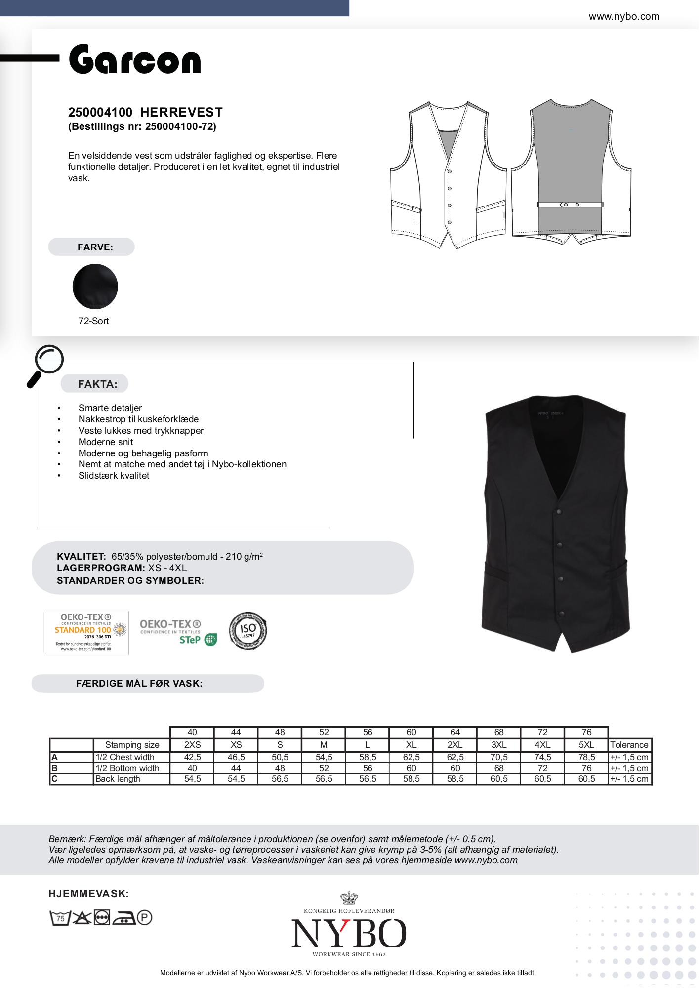 Nybo Sort Herre Garcon Vest, Funktionel, Let Kvalitet, Industriel Vask