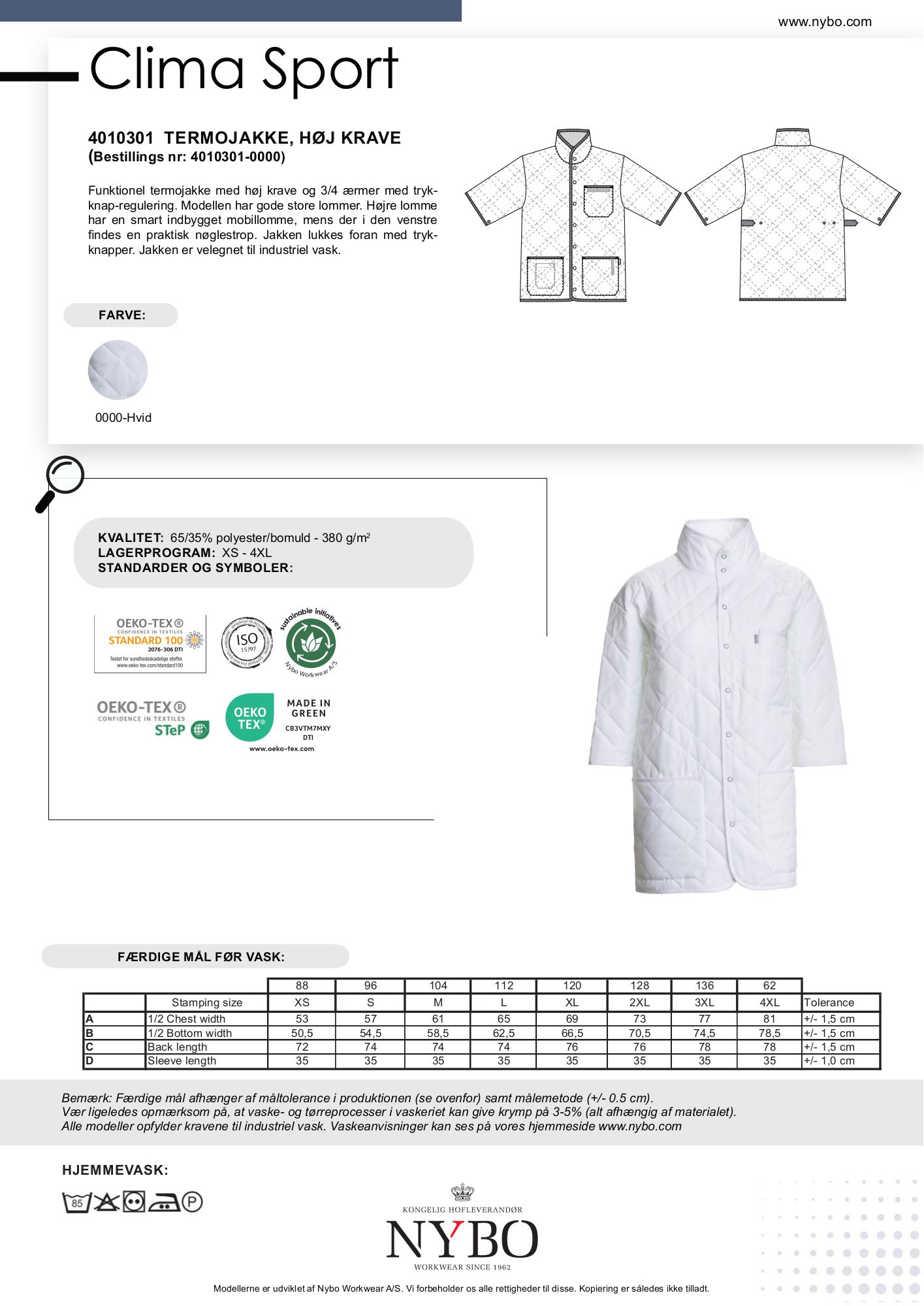 Nybo Hvid Unisex Clima Sport Termojakke, Høj Krave