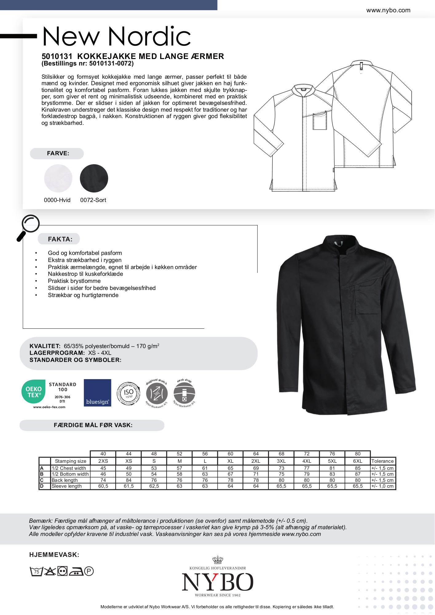 Nybo Hvid Unisex New Nordic Kokkejakke, Langærmet, Strækbar, Hurtigtørrende