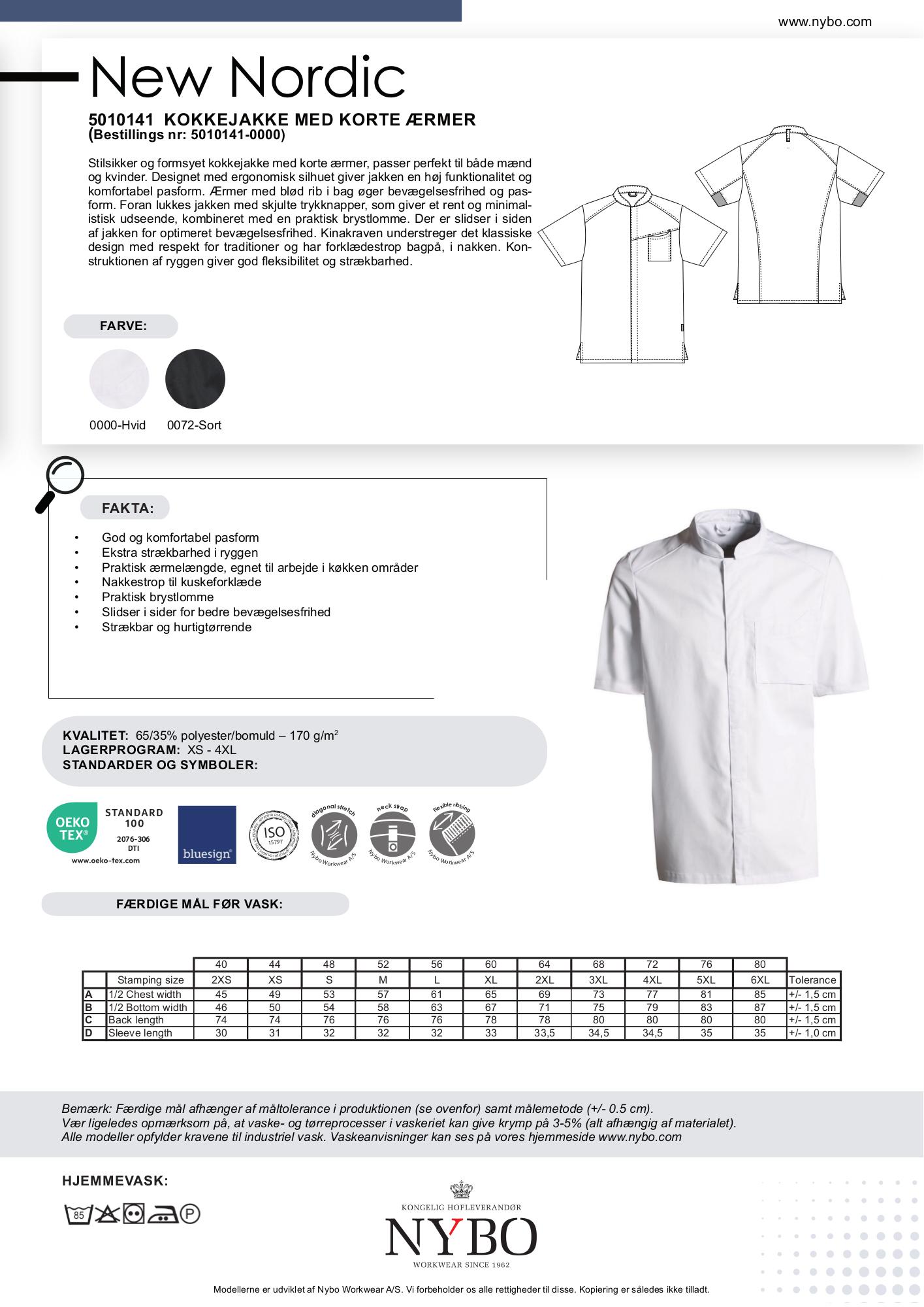 Nybo Hvid Unisex New Nordic Kokkejakke, Kortærmet, Komfortabel pasform, Åndbar