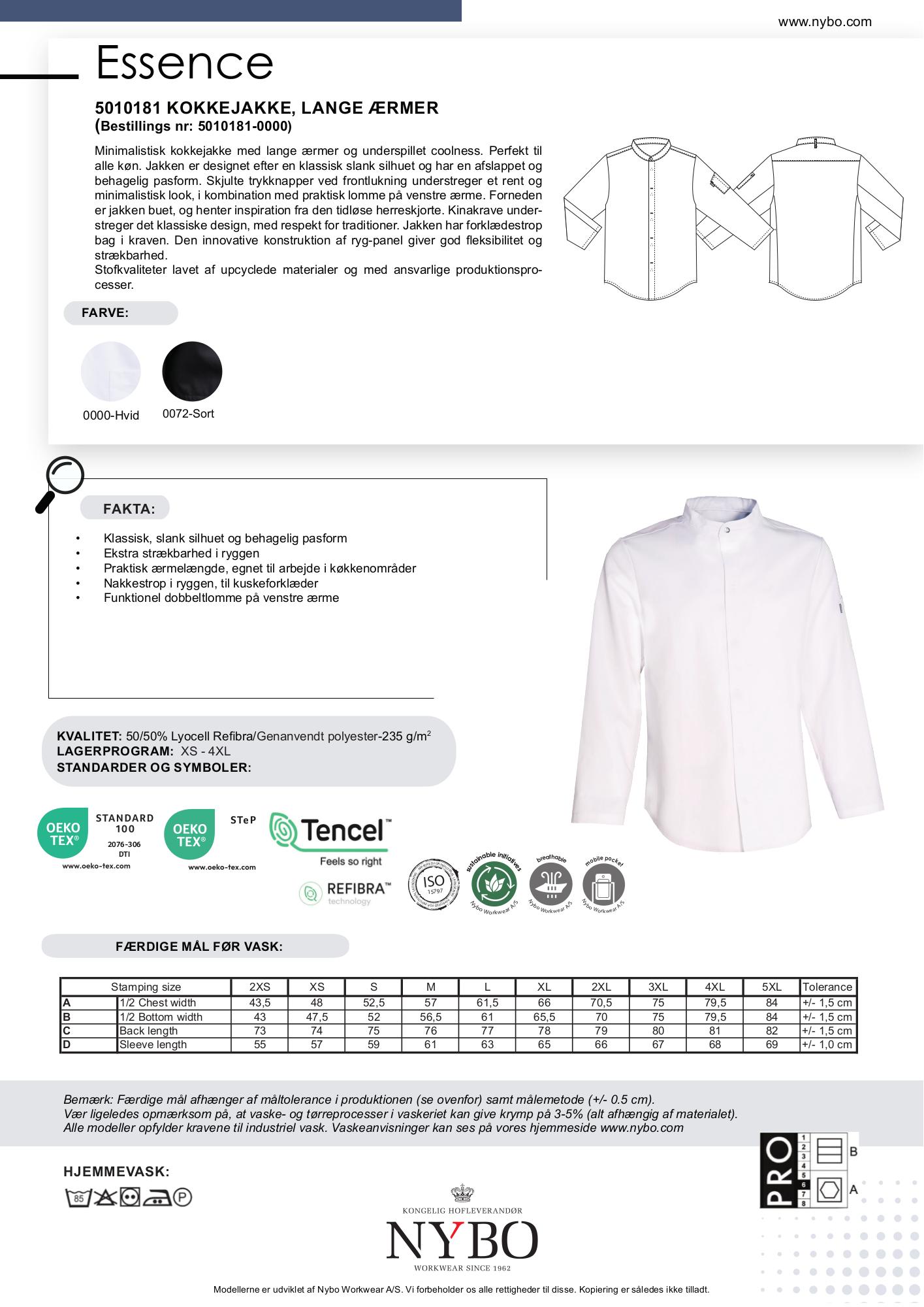 Nybo Hvid Unisex Essence Kokkejakke, Langærmet, Strækbar, Bæredygtig