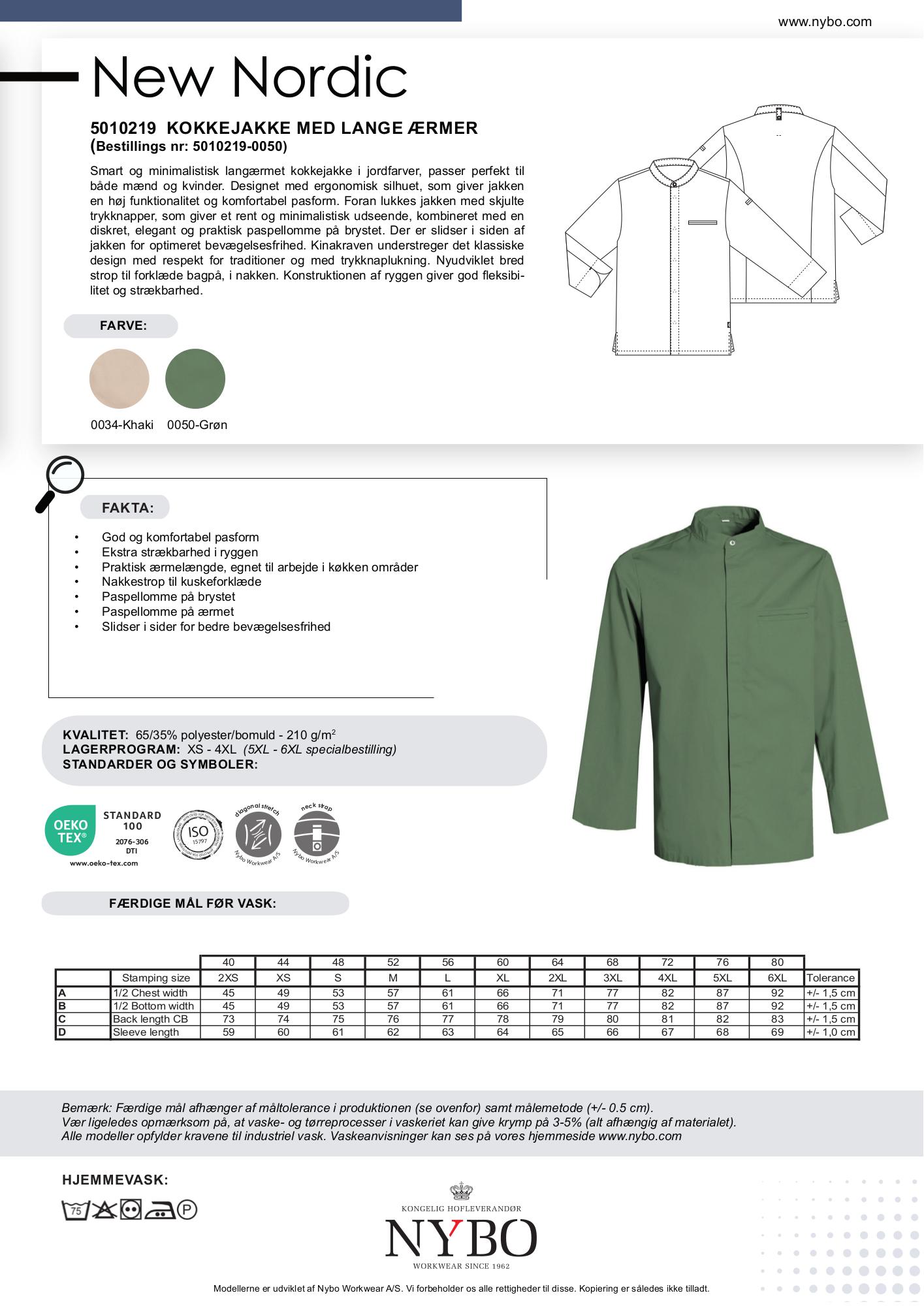 Nybo Grøn Unisex New Nordic Kokkejakke, Langærmet, Komfort, Fleksibilitet