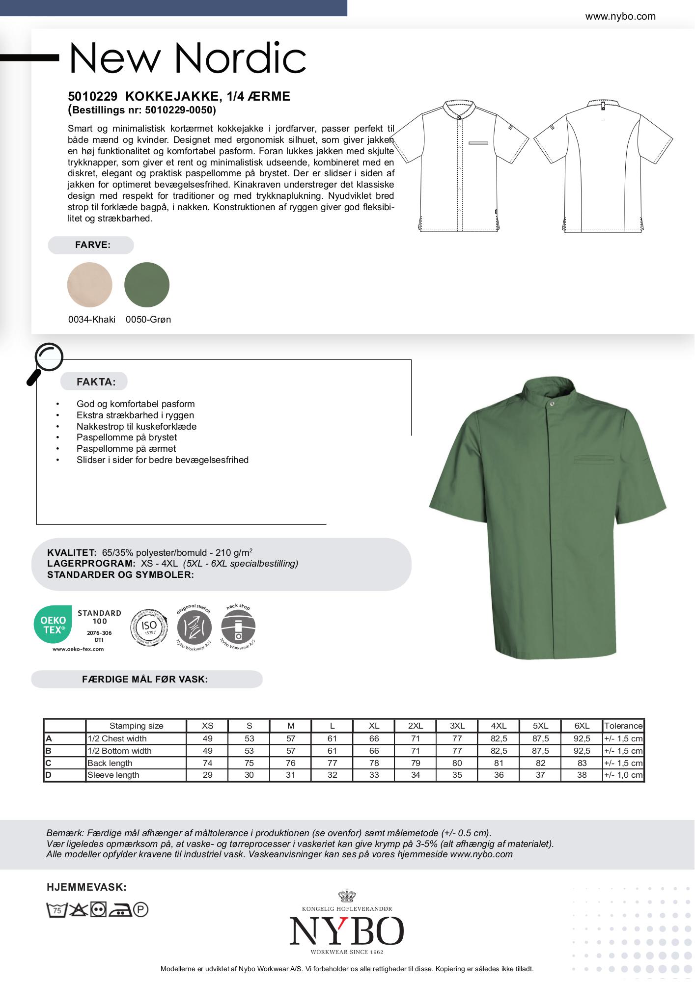 Nybo Grøn Unisex New Nordic Kokkejakke, Kortærmet, Stretch, Komfortabel Pasform