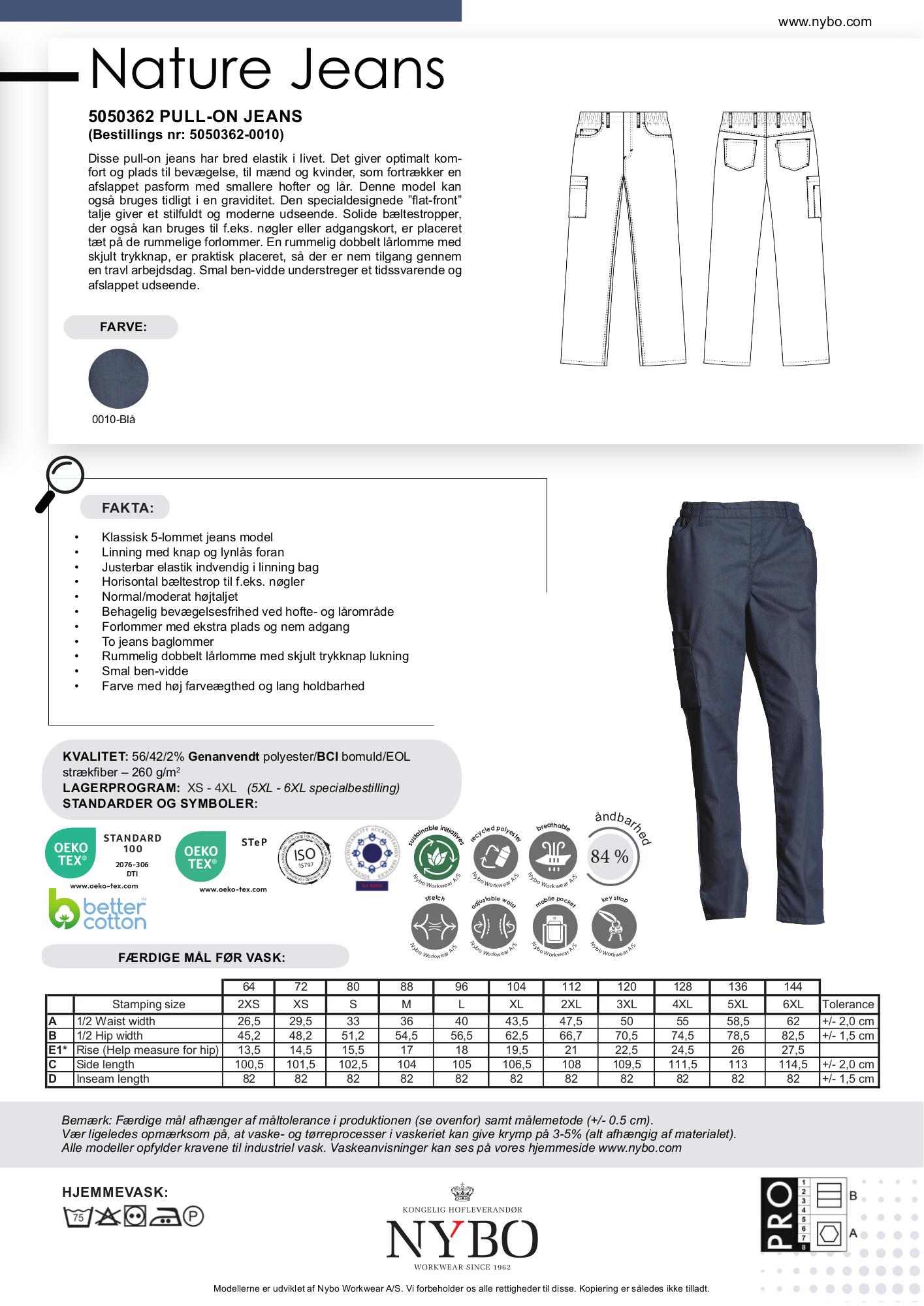 Nybo Blå Unisex Nature Jeans, Pull-on, Elastik, Komfort, Slidstærk, Stretch