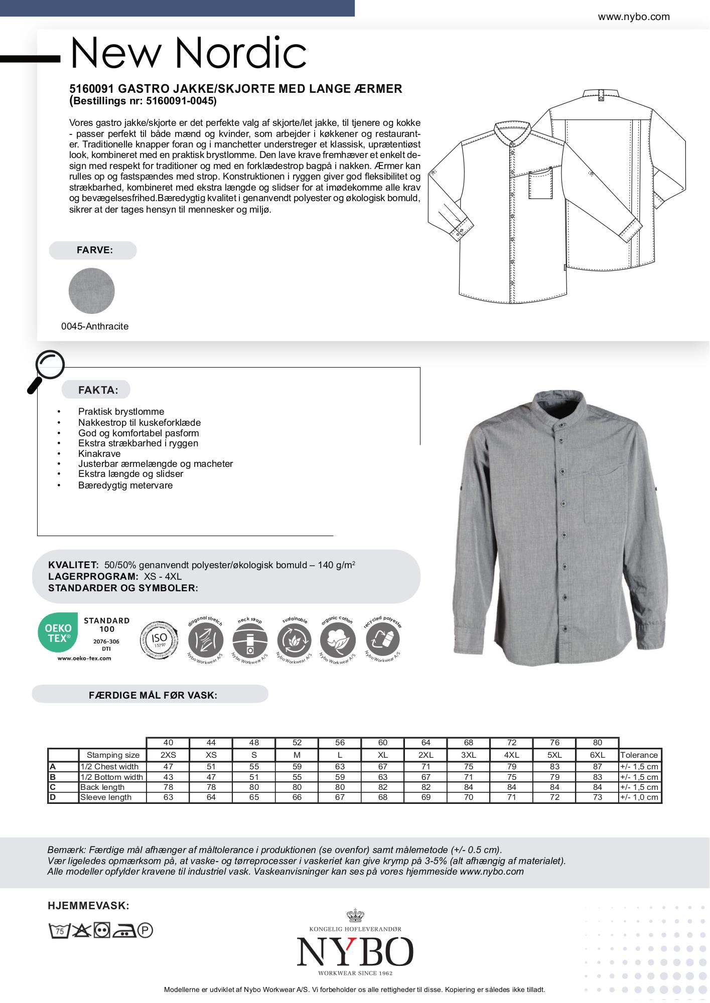 Nybo Koksgrå Unisex New Nordic Gastro Jakke, Langærmet, Strækbar, Komfort