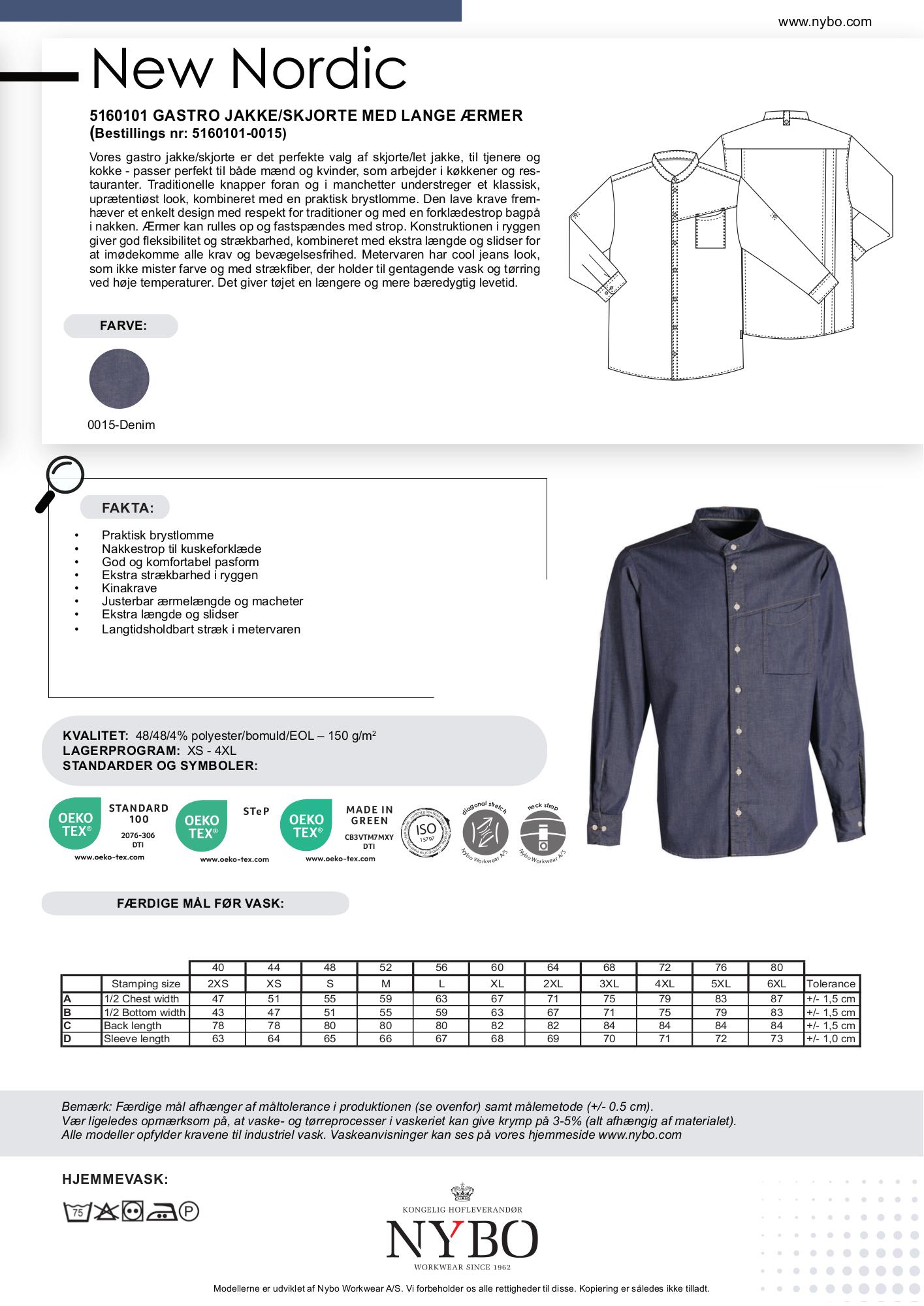 Nybo Denimblå Unisex New Nordic Gastrojakke, Lange Ærmer, Strækbar, Komfort