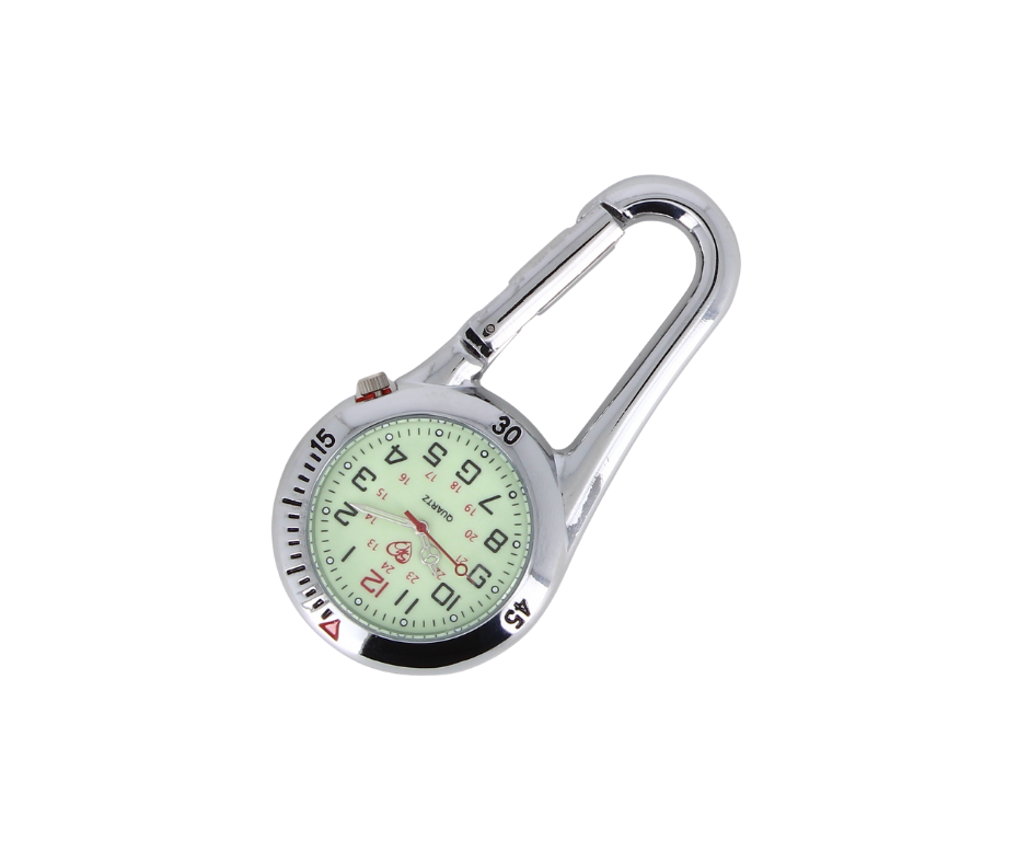 Sygeplejeur i sølvtone med carabinhage