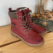 Rød damestøvle med snørebånd, lynlås og varmt for – dekorativ spænde og TPR-sål