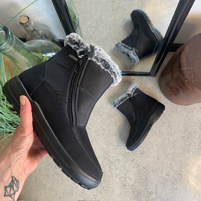 Damestøvletter i sort PU med pelskant og varmt for – 2 lynlåse og komfortabel PU-sål