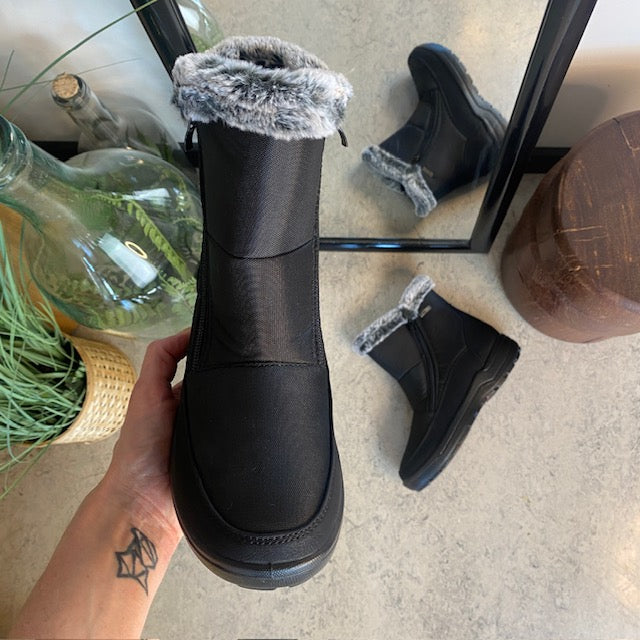 Damestøvletter i sort PU med pelskant og varmt for – 2 lynlåse og komfortabel PU-sål