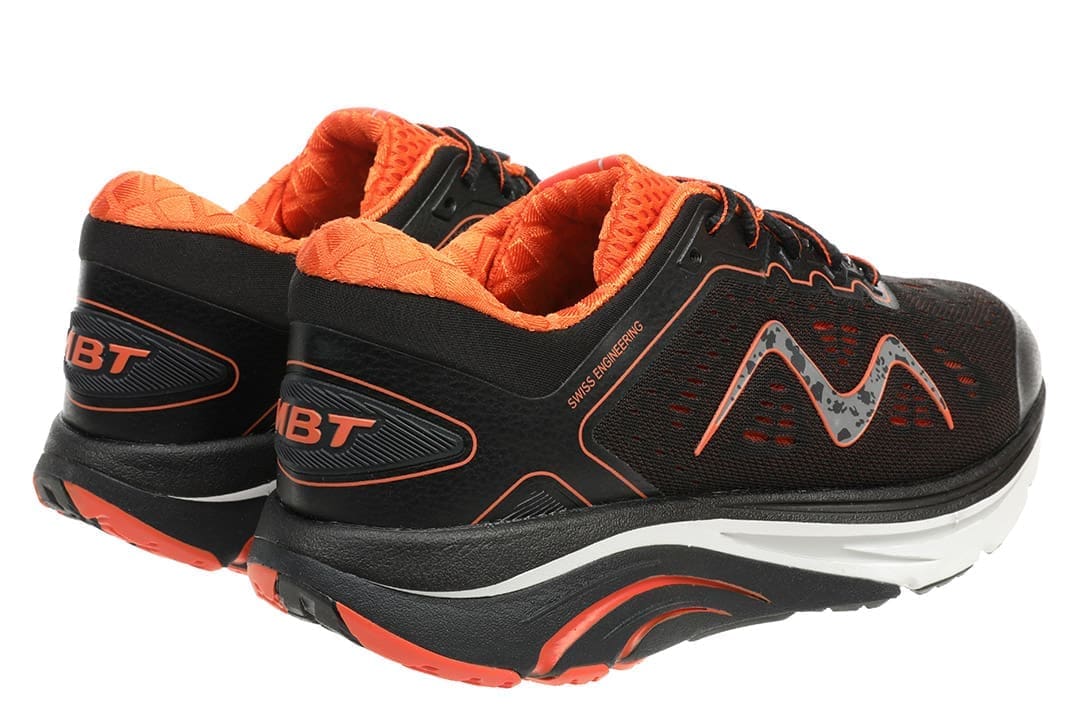 MBT 2000 Black Mars för herrar, svarta och orangea löparskor med ergonomisk rullsula sedda bakifrån.