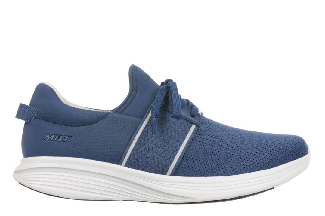 Mørkeblå MBT Tate herre-sneaker med hvid rullesål og mesh-overdel. Fysiologisk sko med snørebånd og slip-on design.