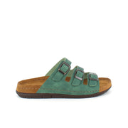 Olivengrøn slip on sandal i skind med smalle remme