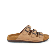 Brun slip on sandal i skind med smalle remme