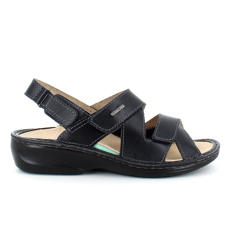 Sort bred skind sandal med velcro