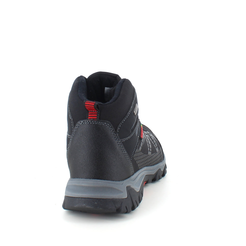 Sort vandrestøvle med røde detaljer og overdel i eftergiveligt softshell