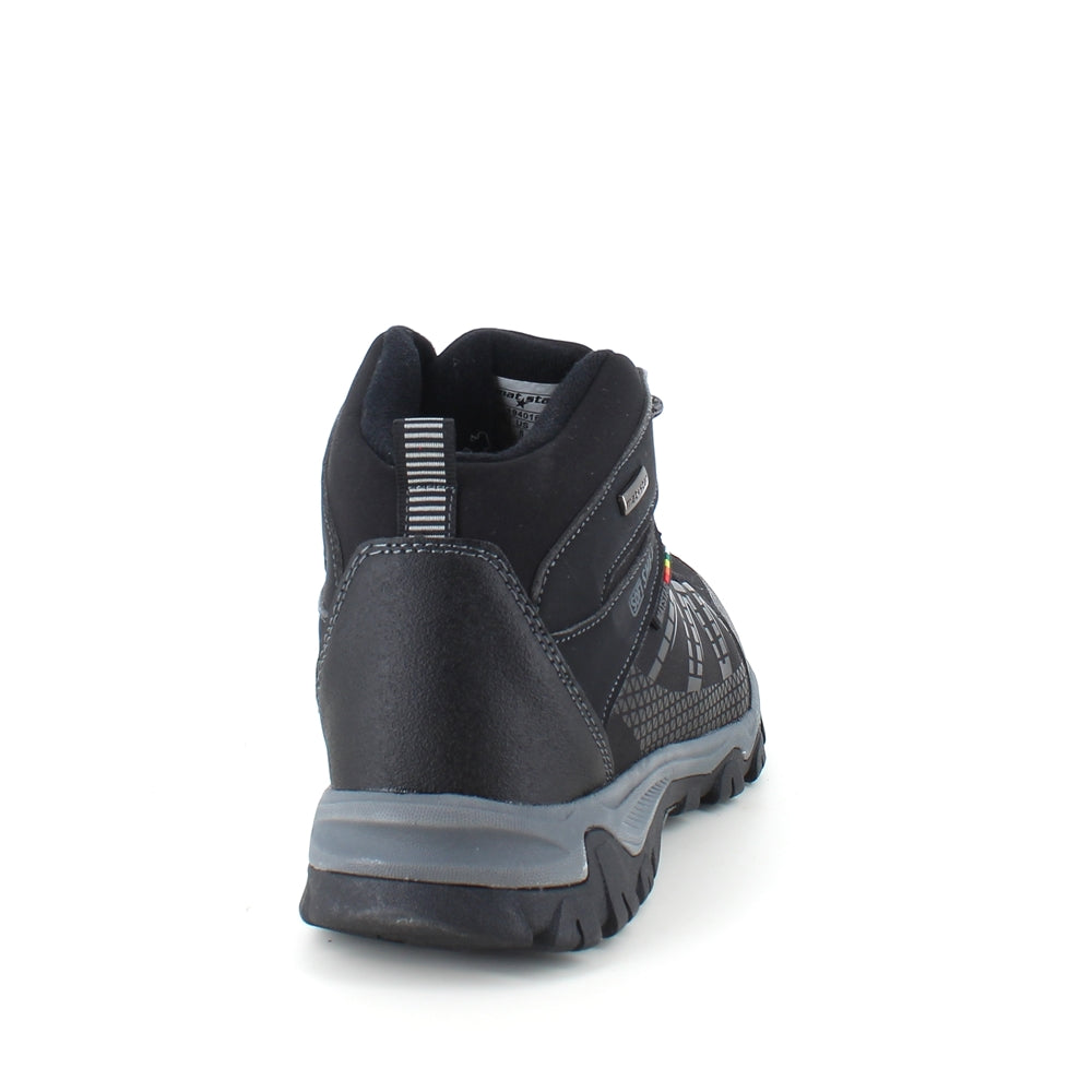 Sort vandrestøvle med overdel i eftergiveligt softshell