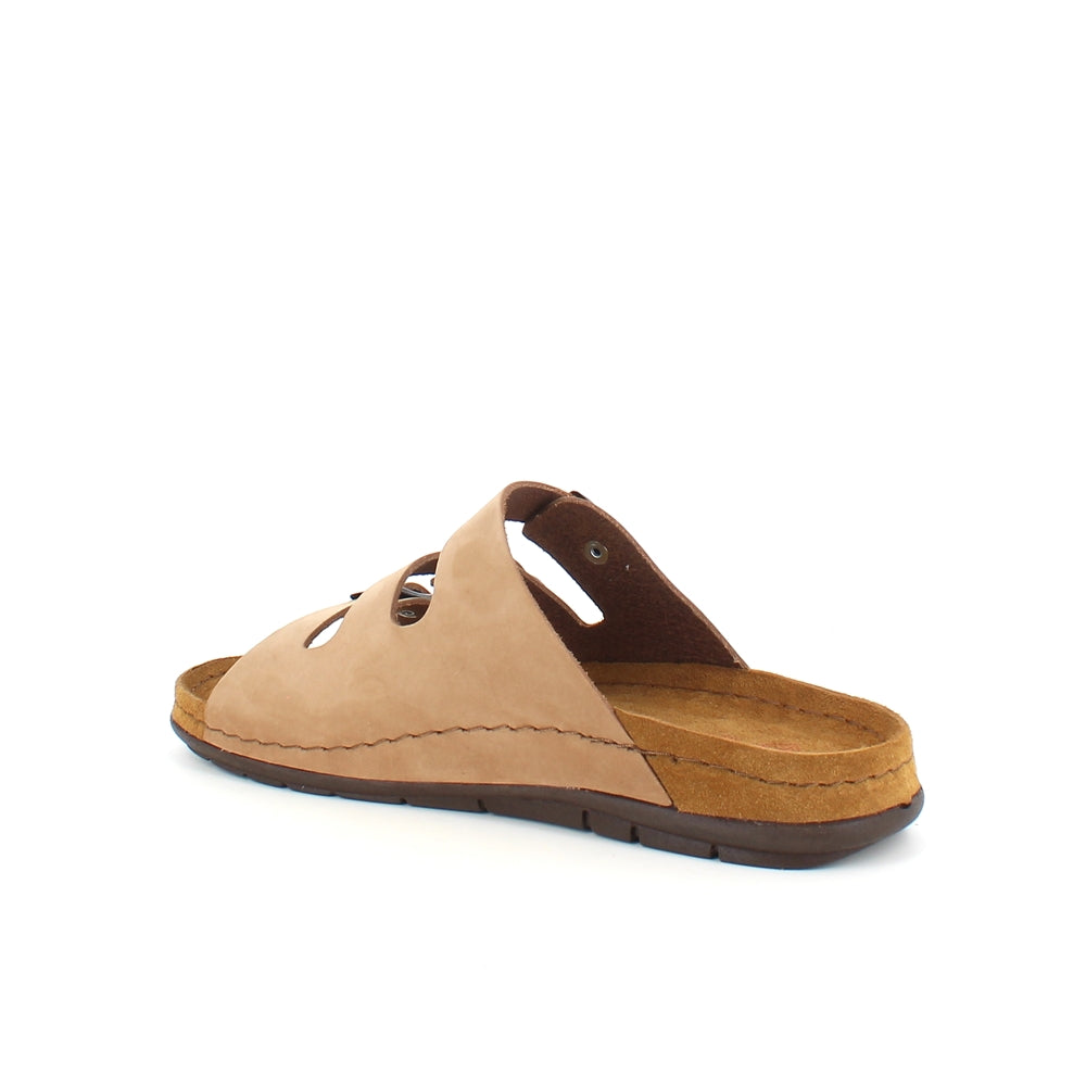 Brun slip on sandal i skind med smalle remme