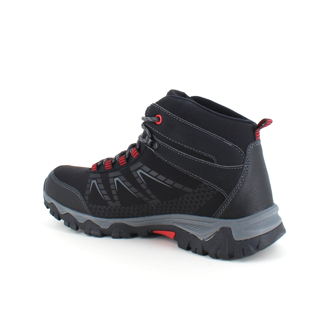 Sort vandrestøvle med røde detaljer og overdel i eftergiveligt softshell