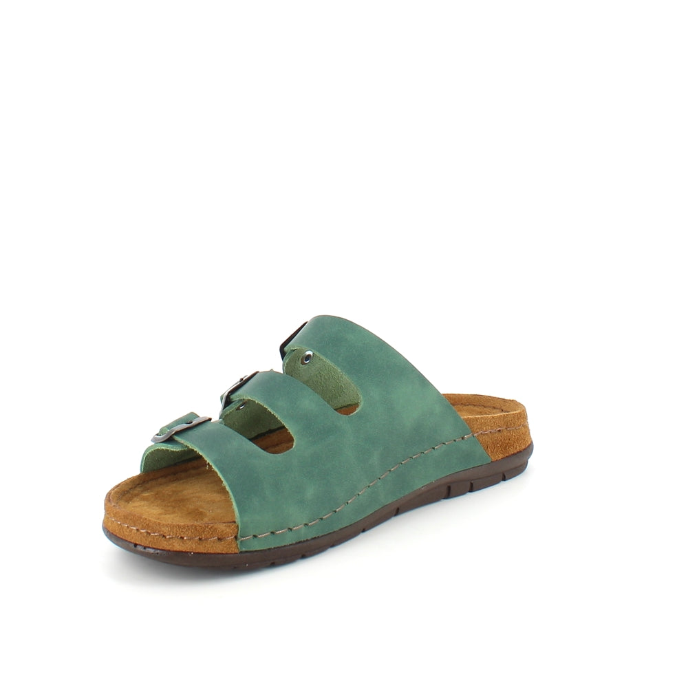 Olivengrøn slip on sandal i skind med smalle remme