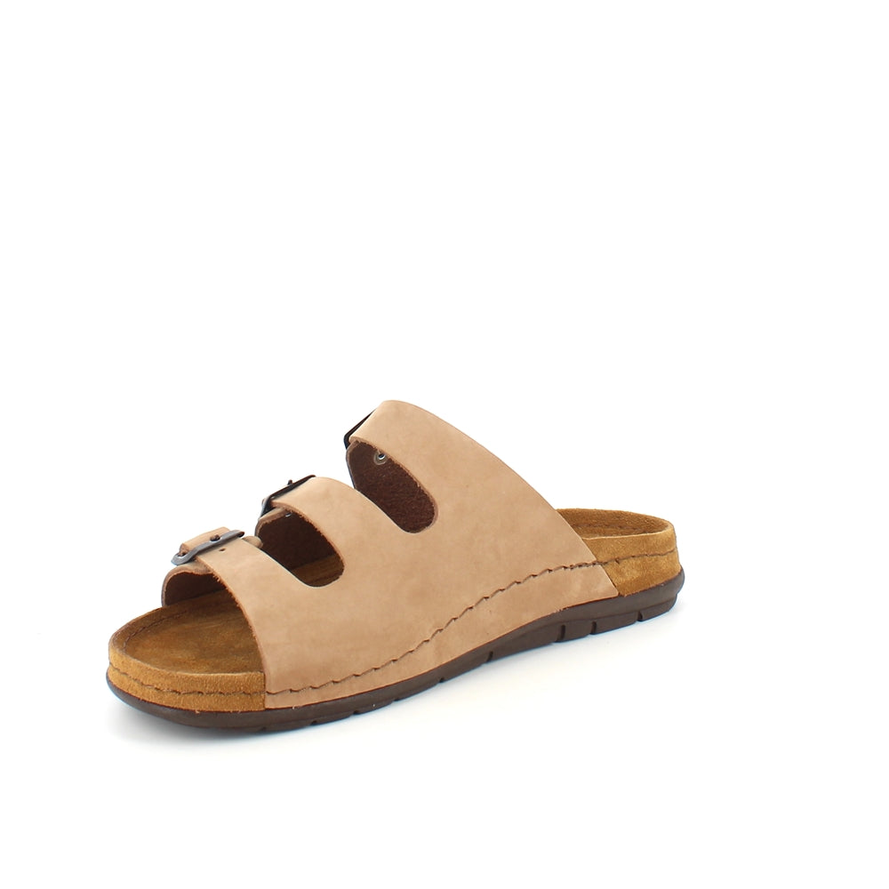 Brun slip on sandal i skind med smalle remme